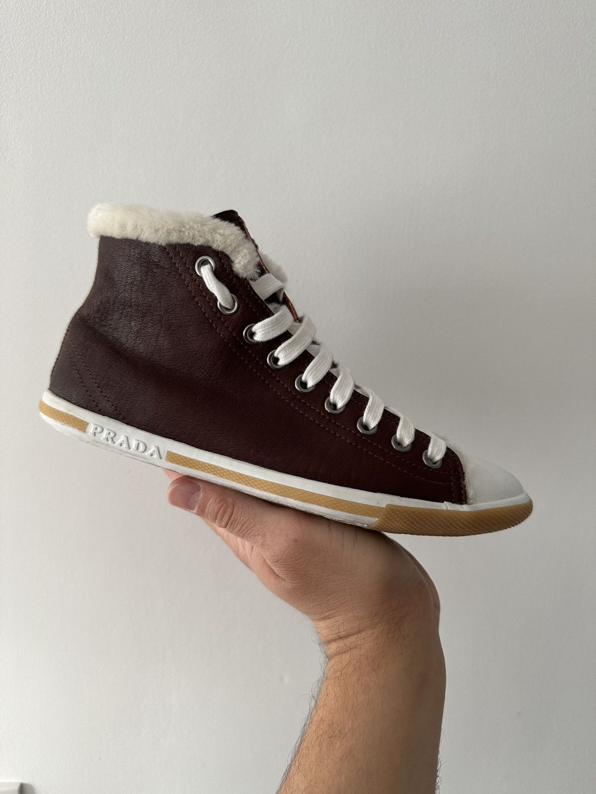 Prada Prada leather high top fur lining warm sneakers shoes Size US 6 / IT 36 - 1 Thumbnail
