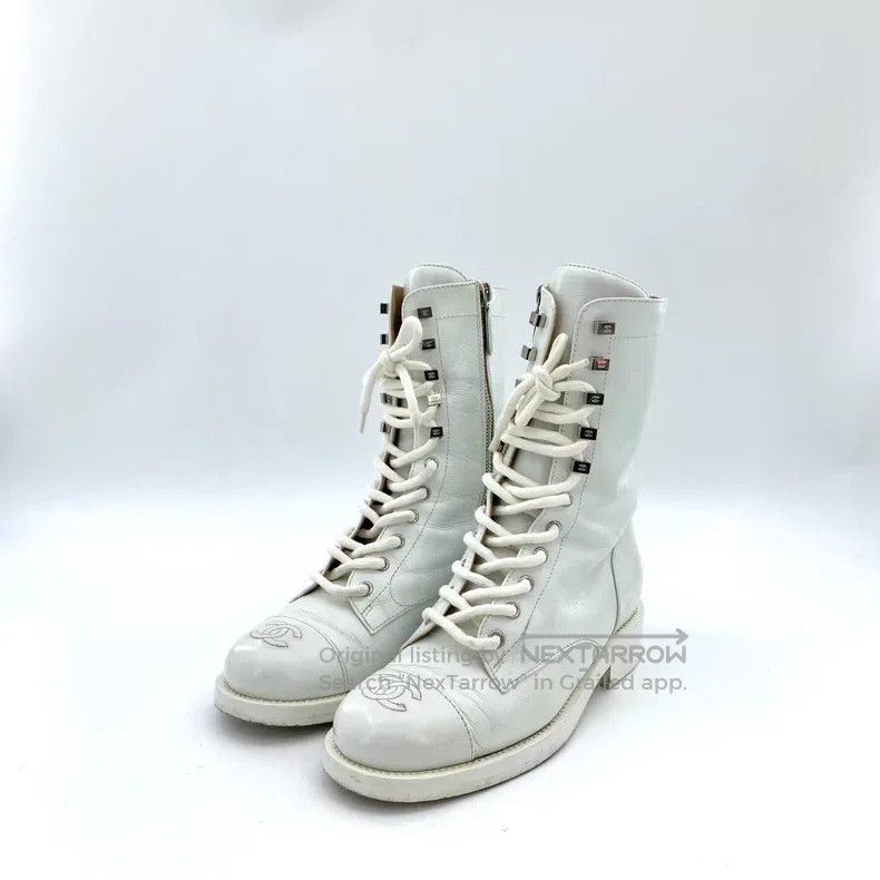 Chanel Chanel White logo lace-up casual flat mid-length boots Size US 6.5 / IT 36.5 - 1 Thumbnail