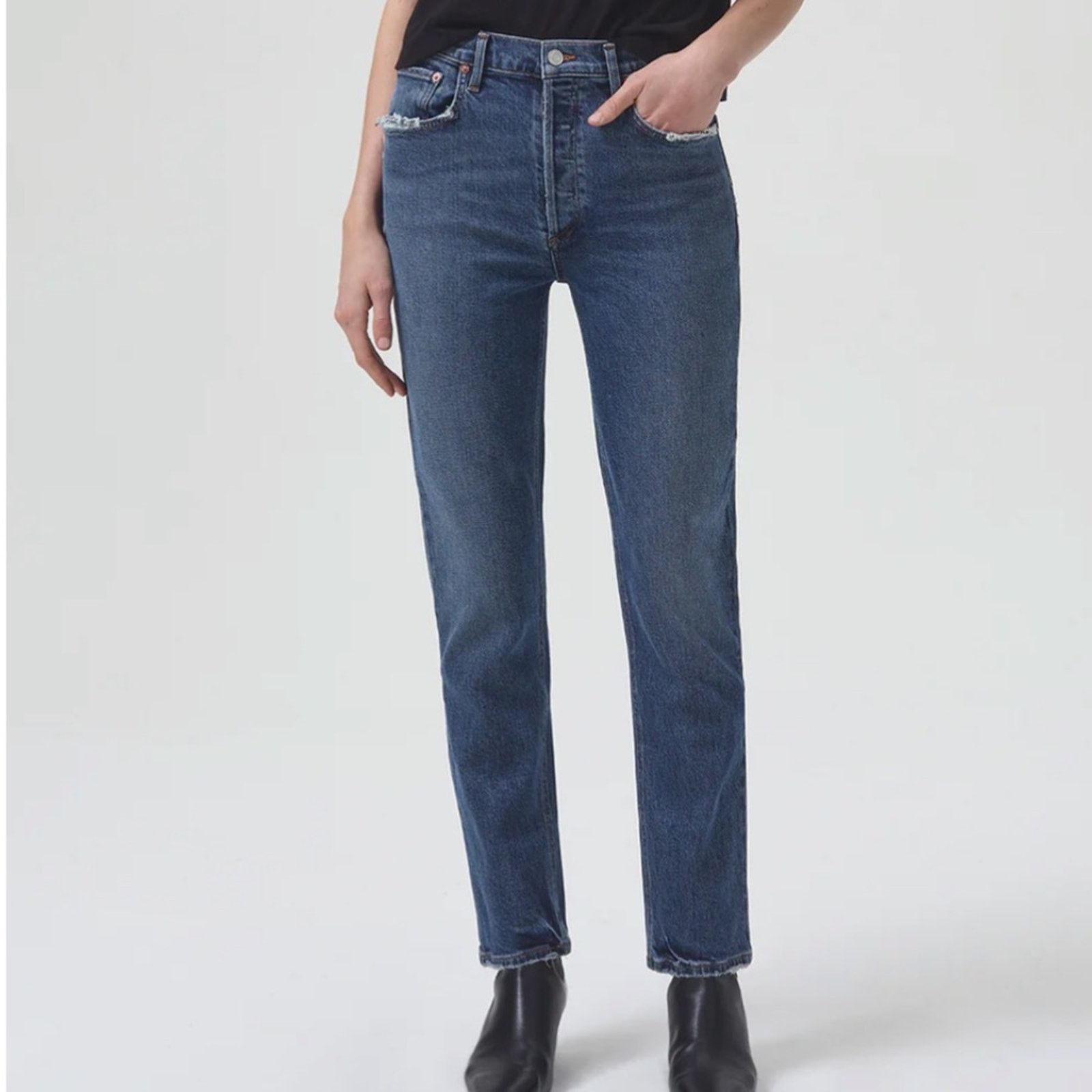 Agolde Agolde Riley Long High Rise Straight in Medium Wash Blue Size 26" / US 2 / IT 38 - 1 Thumbnail