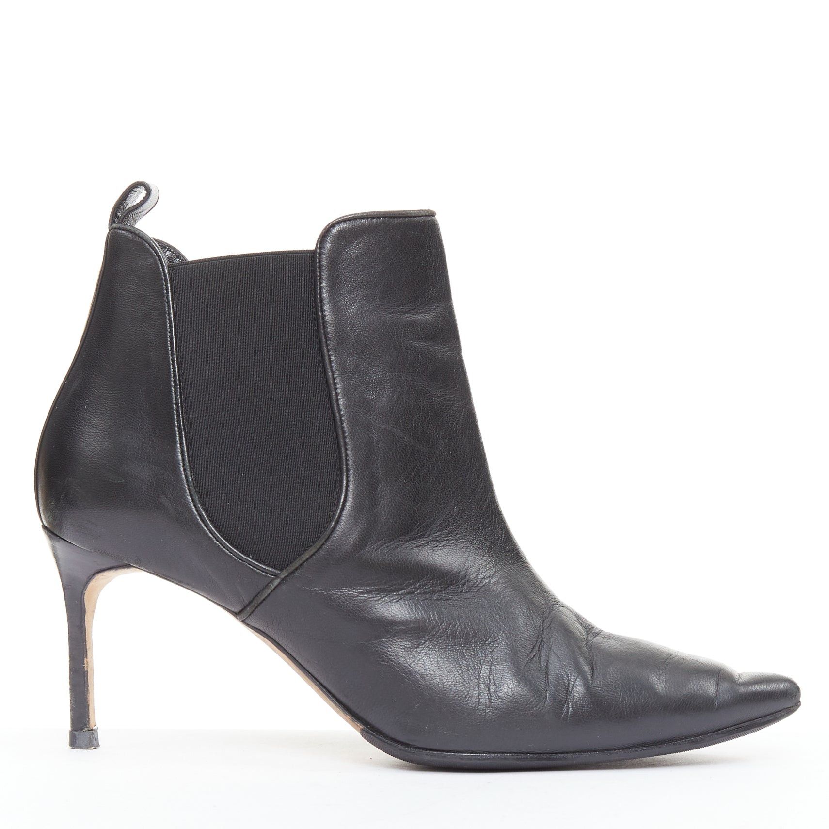 Manolo Blahnik MANOLO BLAHNIK black leather pointy toe ankle boot heels EU39.5 Size US 9.5 / IT 39.5 - 1 Thumbnail