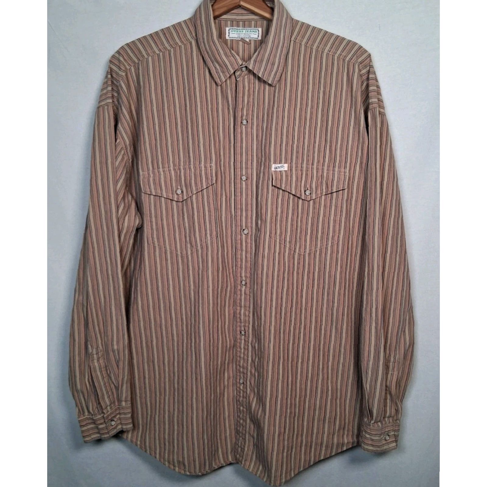 Guess VINTAGE Guess Jeans Shirt Men L Knit Striped Button-Up 1990s Beige Long Sleeve Mens Regular Collar Swing Tests Sample Size US L / EU 52-54 / 3 - 2 Thumbnail