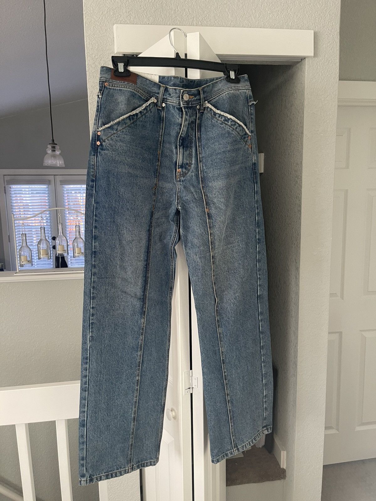 Pre-owned Andersson Bell Matt Wide-leg Raw Cut Distressed Jeans In Blue