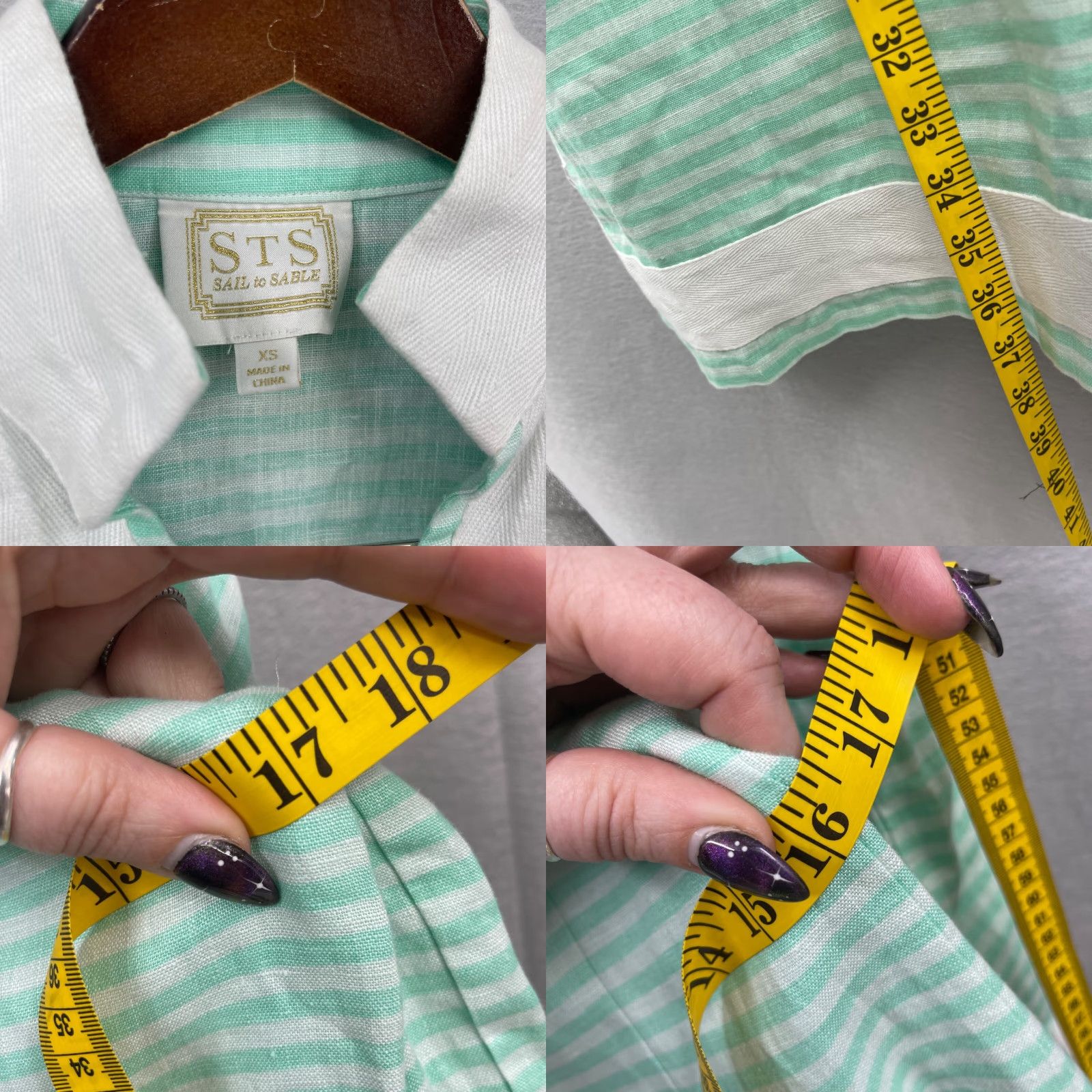 Vintage Sail to Sable Women’s Linen Dress XS Green White Stripe V-Neck Mini Casual Preppy 2020s Size XS / US 0-2 / IT 36-38 - 8 Thumbnail