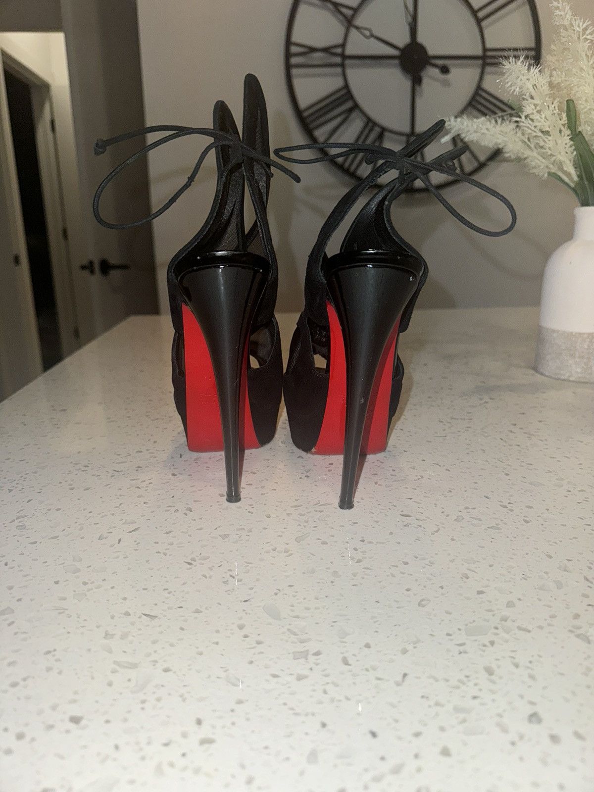 Christian Louboutin Elegance in Black: Mesh Stilettos with Iconic Red Soles Size US 7.5 / IT 37.5 - 1 Thumbnail