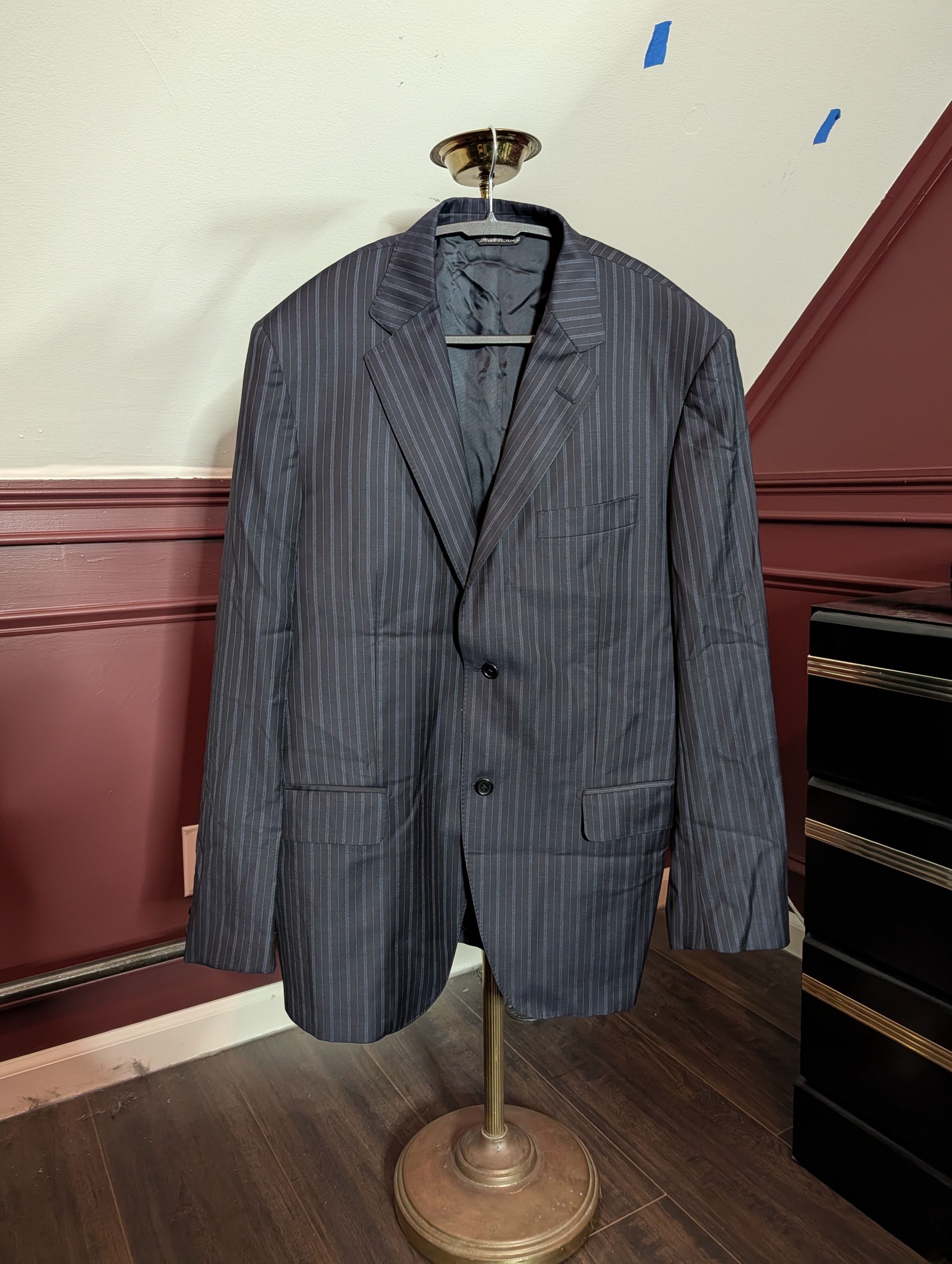 Piattelli Angelico Super 140s wool navy pinstriped Barney's suit Size 42L - 2 Thumbnail