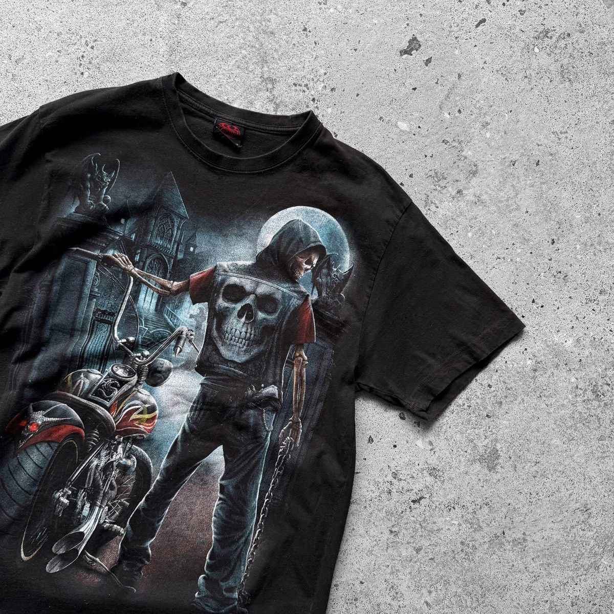 Vintage Vintage Spiral Biker Motorcycle Skull Grim Reaper T-Shirt Size US L / EU 52-54 / 3 - 3 Thumbnail