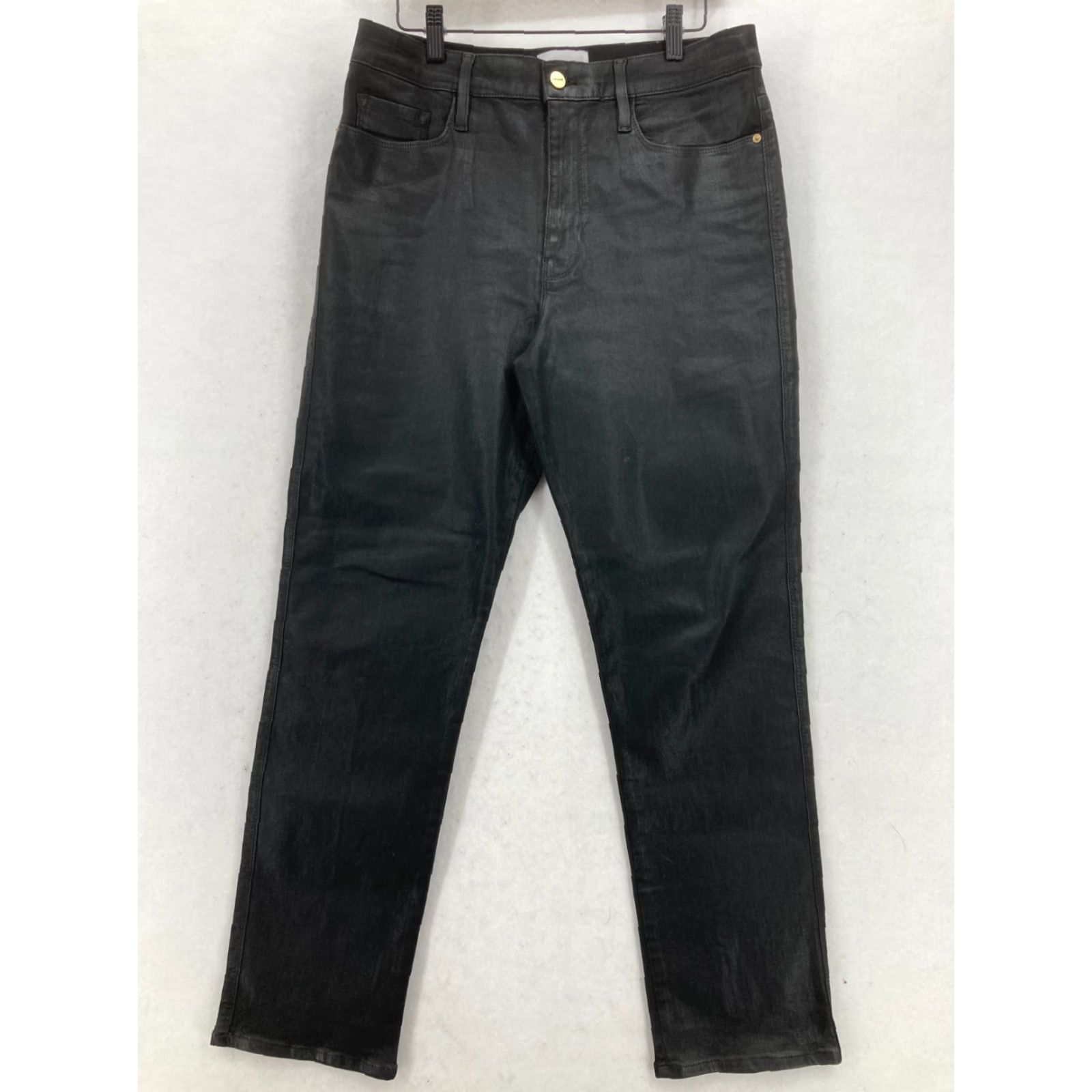 Frame FRAME Le Sylvie Slender Straight Wax Coated Jeans Women's 32 Black Slim Fit Denim 5-Pocket Size 24" / US 00 / IT 34 - 2 Thumbnail