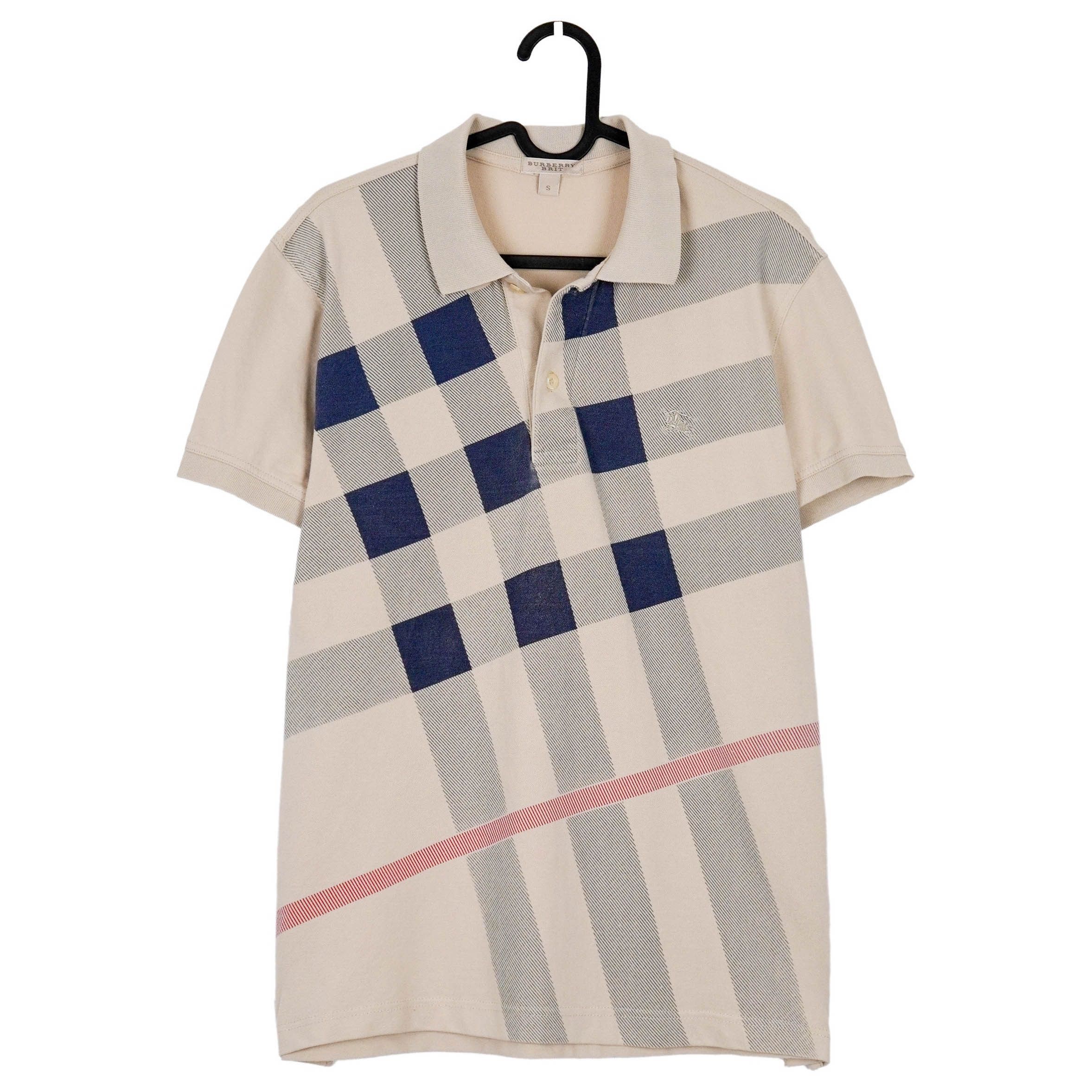 Vintage Burberry London Beige Blue Nova Check Polo Shirt