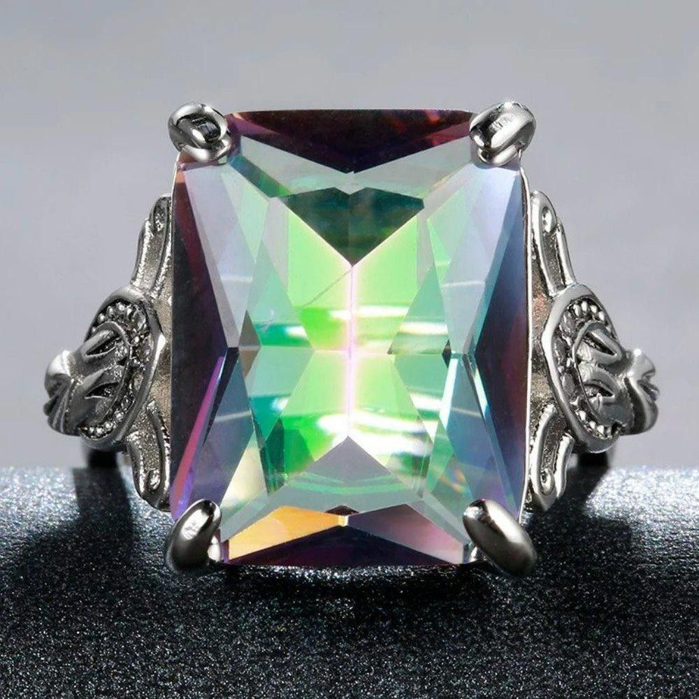 Designer Huge Rectangle Rainbow Mystic Topaz Vintage Silver Ring Size ONE SIZE - 1 Thumbnail