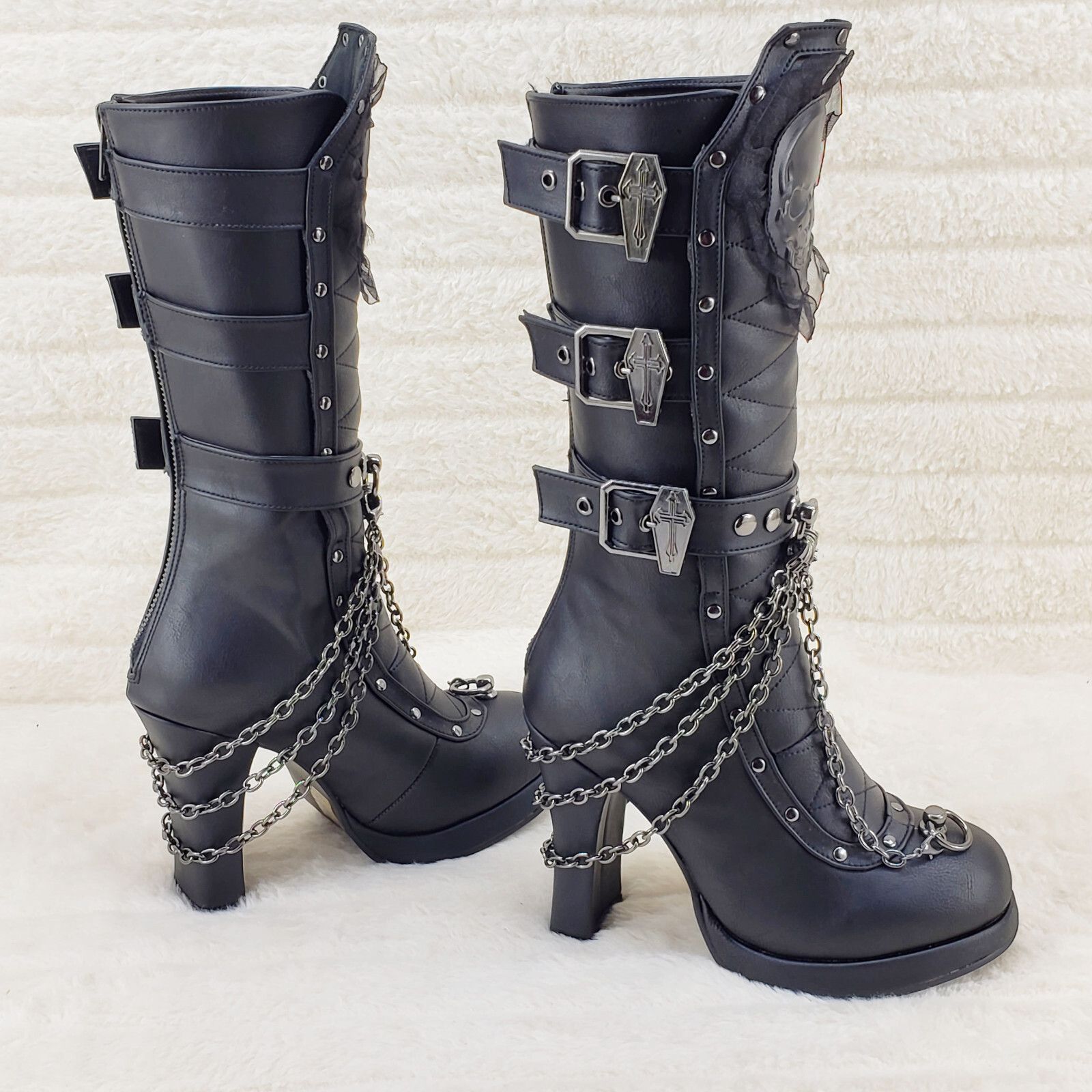 Other Crypto 67 Coffin Skull & Chain Black Mid Calf Platform Heel Size US 8 / IT 38 - 1 Thumbnail