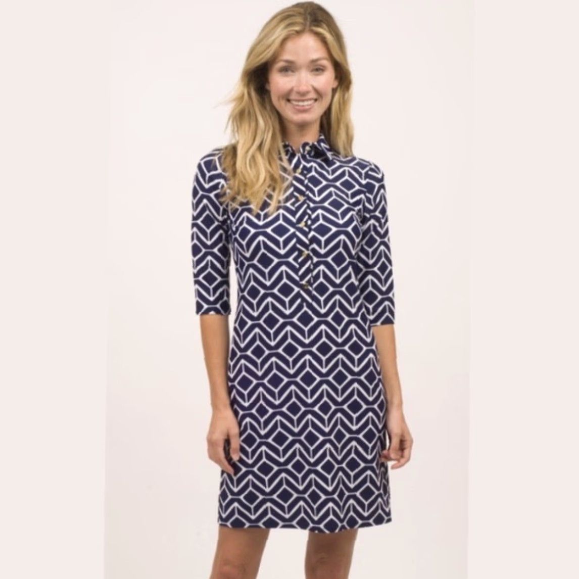 Vintage Jude Connally Shirt Dress Women's Large Blue/White Geometric Button Knit 3/4 Sleeve Knee Length VINTAGE? No, not vintage. Size L / US 10 / IT 46 - 2 Thumbnail