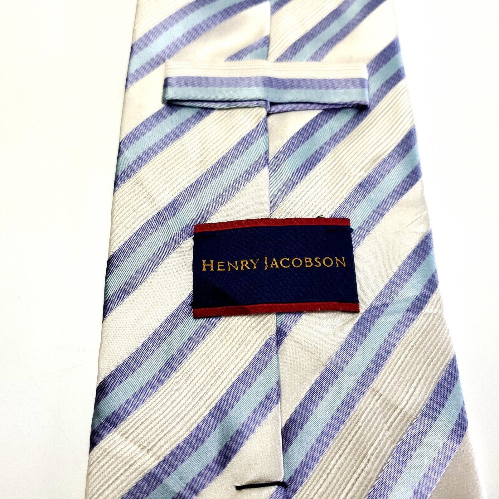 Designer Henry Jacobson Silk Tie Woven Cream Blue Striped Wide Size ONE SIZE - 3 Thumbnail