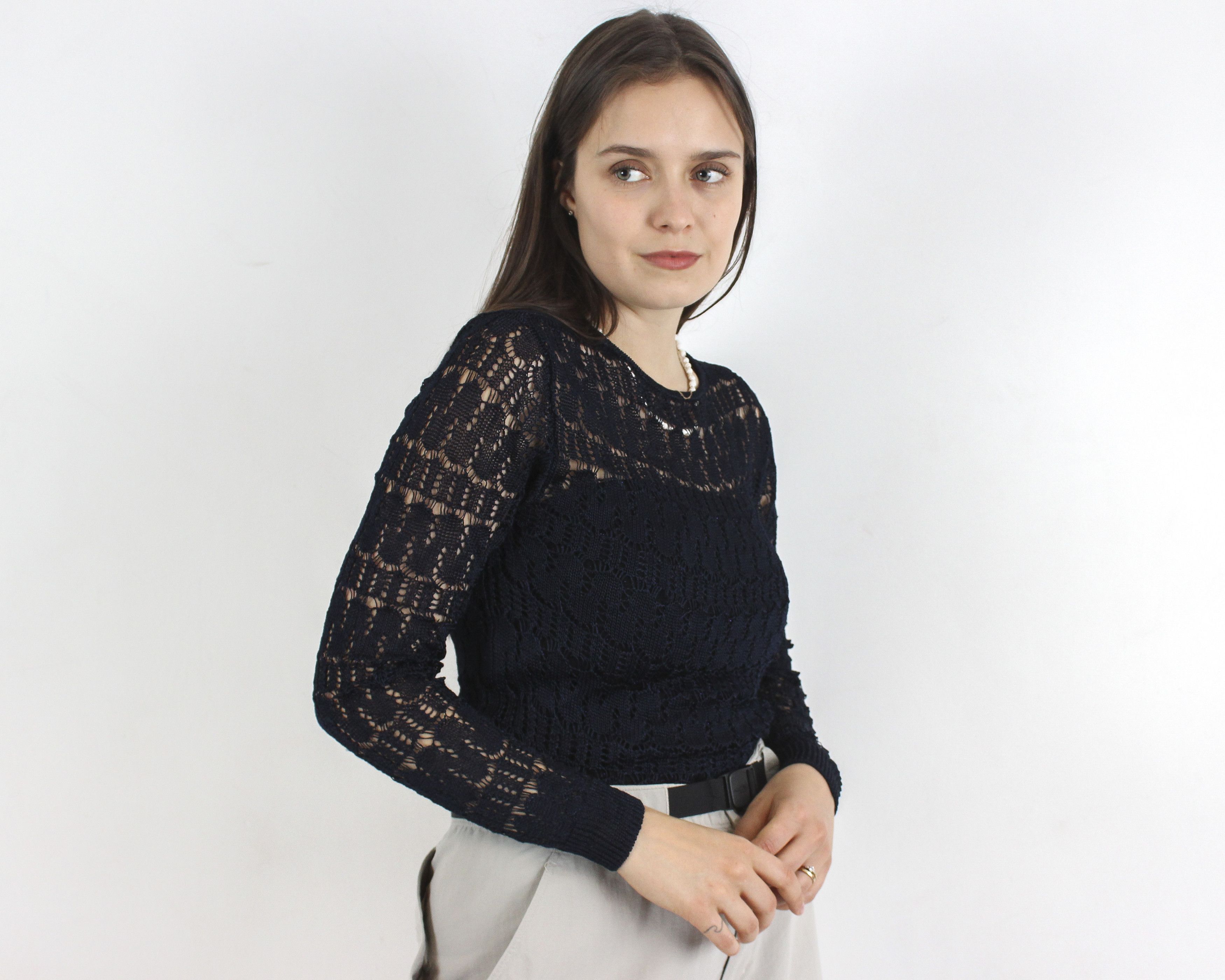 Other × Vintage See Through Knit Crochet Blouse Long Sleeved Top Pullover Size M / US 6-8 / IT 42-44 - 5 Thumbnail