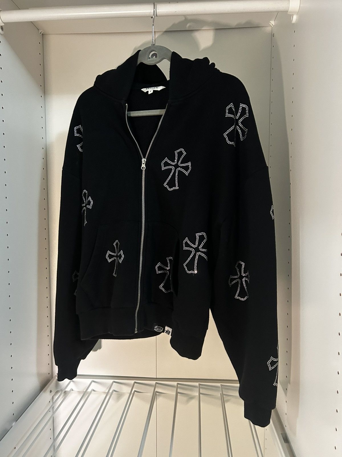 Review Black Zip-up hoodie with rhinestone crosses | Grailed