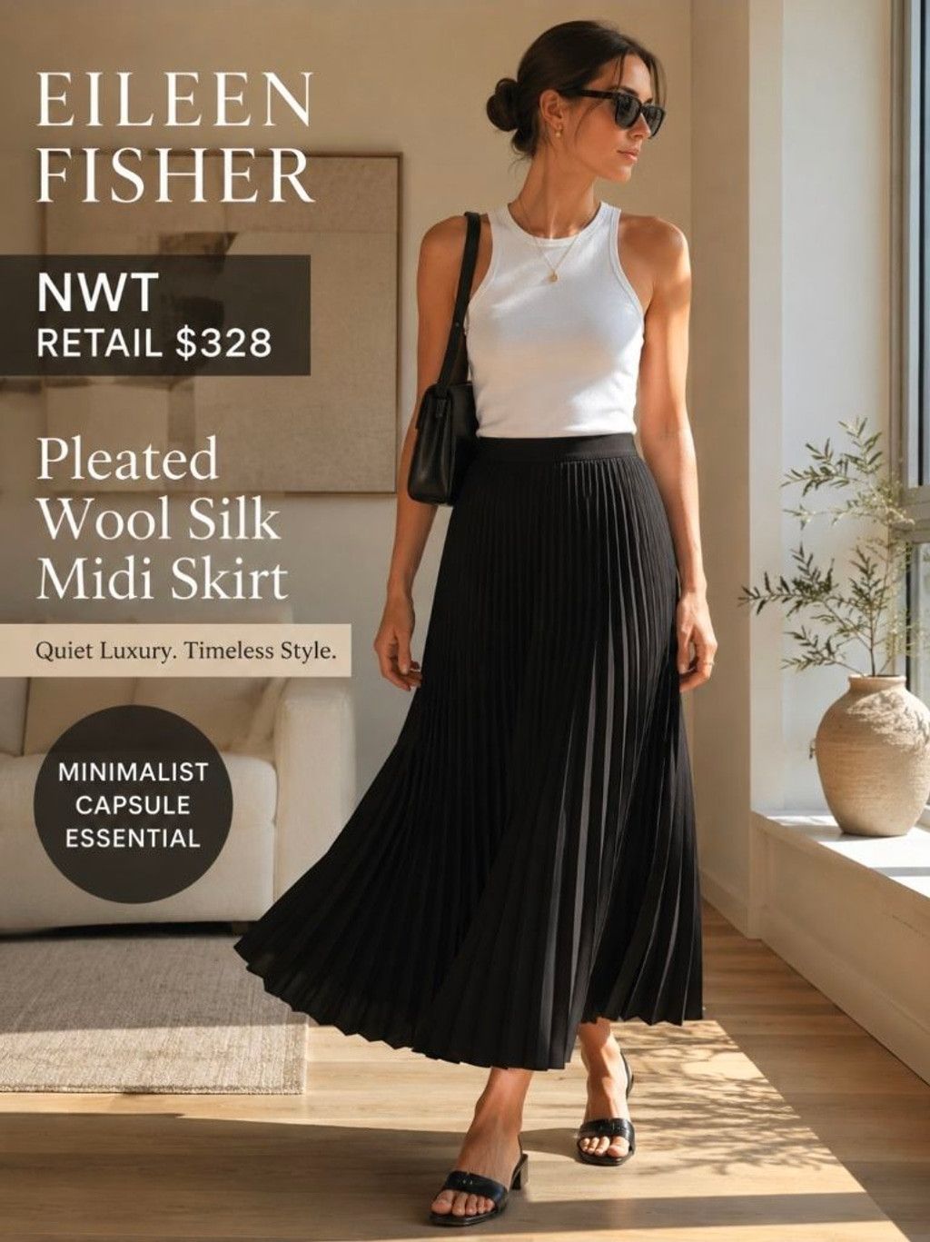 Eileen Fisher Eileen Fisher Black Pleated Wool Silk Midi Skirt NWT Quiet L Size 27" / US 4 / IT 40 - 1 Thumbnail