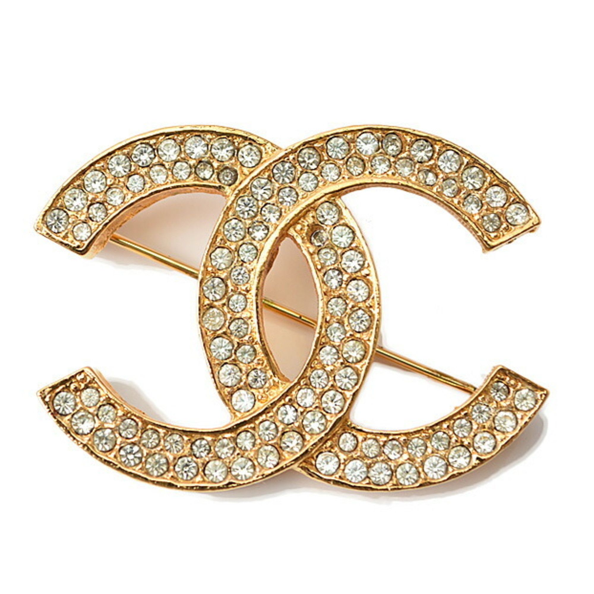 image of Chanel Brooch Pin Here Mark Rhinestone Gold, Women's
