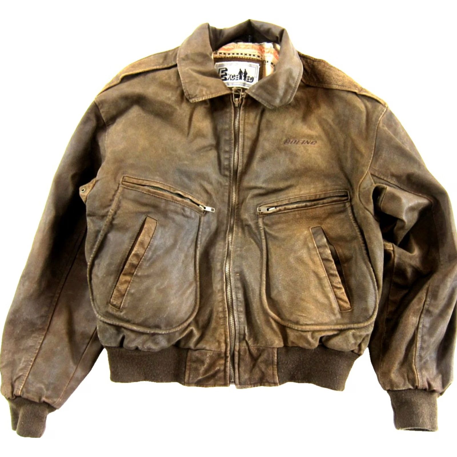 Vintage VINTAGE Excelled Bomber Jacket Men Medium Distressed Leather Boeing Flight Jacket Brown 100% Leather Zipper Hood Winter Fall Spring Shot Mens Size US M / EU 48-50 / 2 - 5 Thumbnail