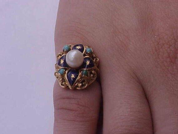 Other Art Deco Enamel 750(18K) Yellow Gold Pearl Turquoise Ring Size ONE SIZE - 3 Thumbnail