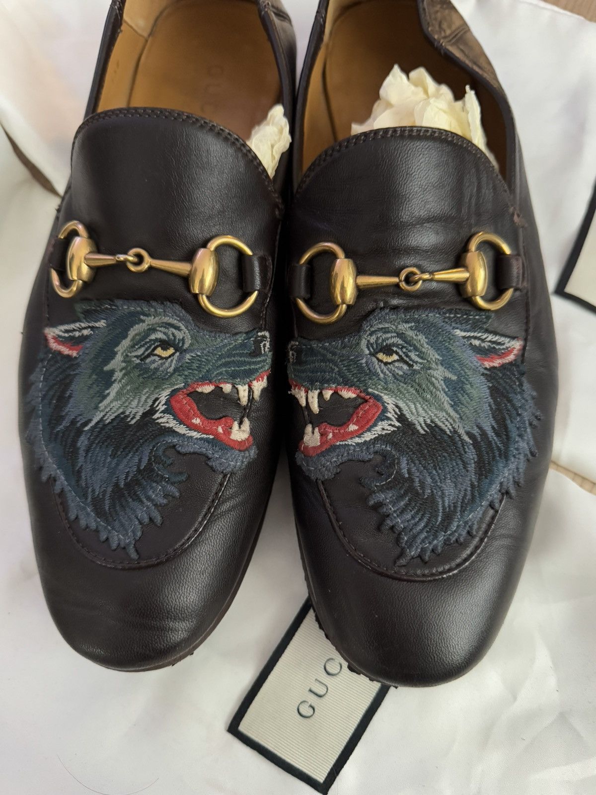 Gucci Gucci Dark Brown Leather Brixton Wolf Horsebit Loafers Size US 7 / EU 40 - 1 Thumbnail