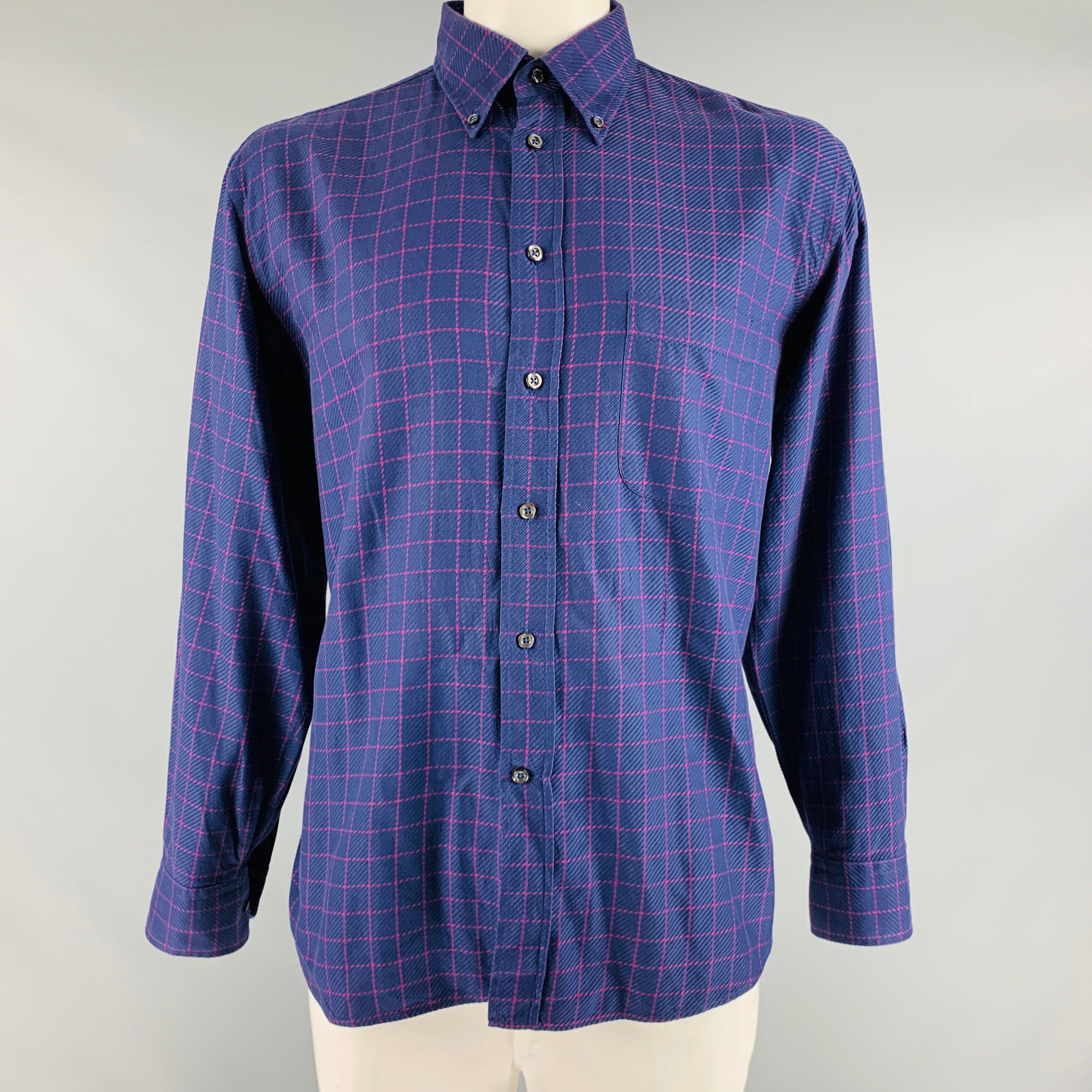 image of Canali Purple Fuchsia Window Pane Cotton One Pocket Long Sleeve Shirt, Men's (Size Large)