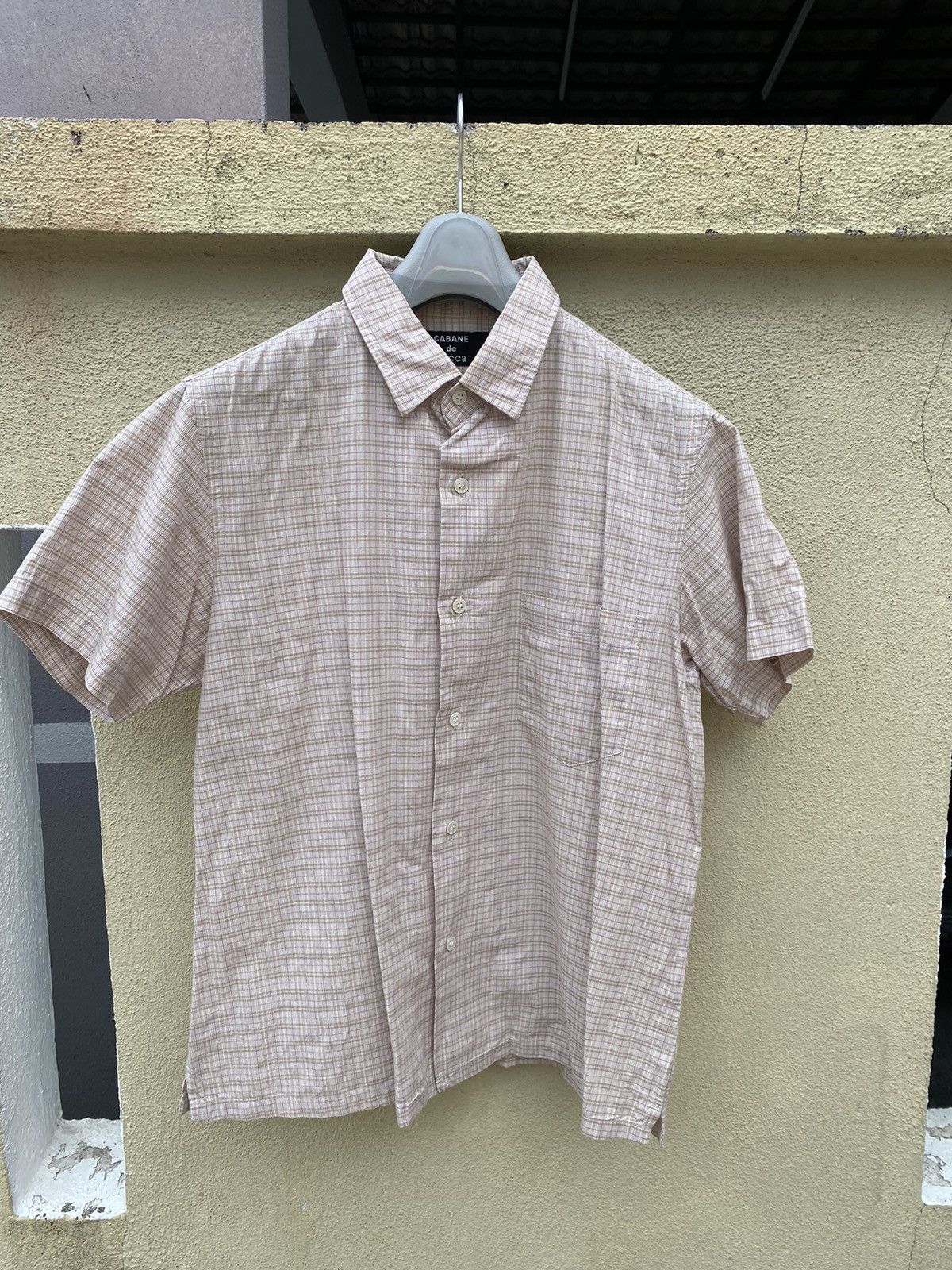 image of Cabane De Zucca x Issey Miyake Small Checked Single Pocket Shirt in Light Brown, Men's