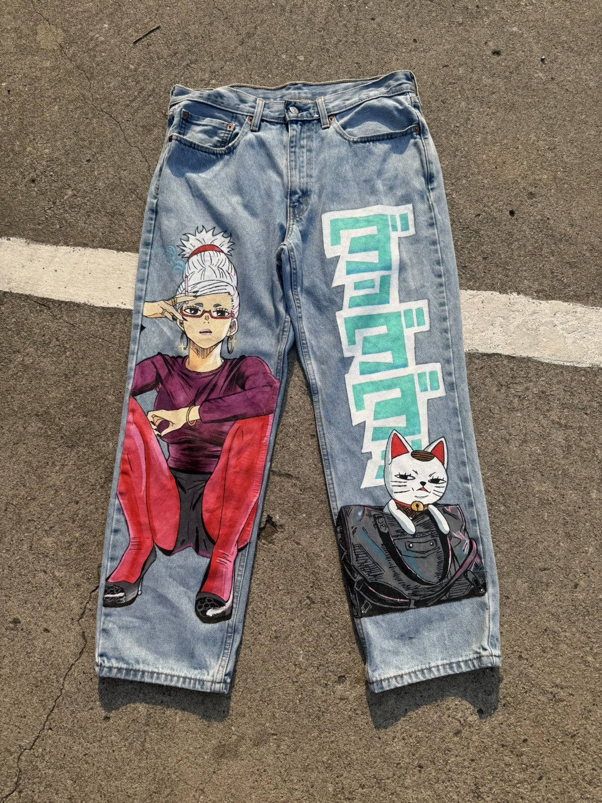 Anime Dan da dan custom hand painted jeans Size US 34 / EU 50 - 2 Thumbnail