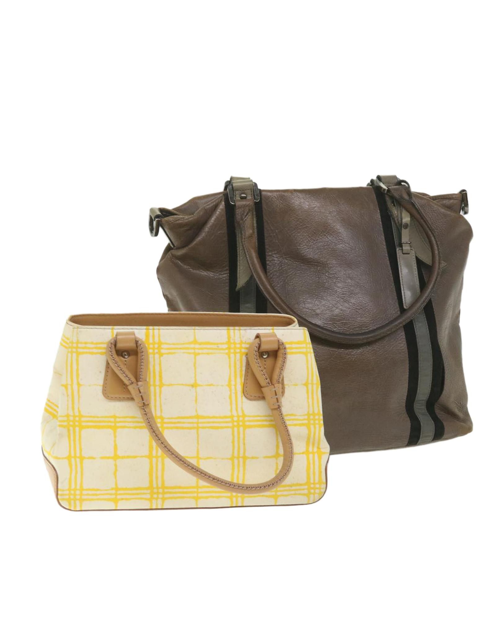 image of Burberry Leather Canvas 2Set Hand Bag - Brown White Yellow, Women's