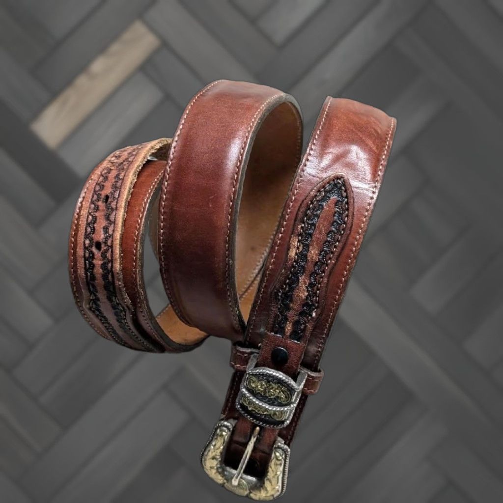 Vintage VINTAGE Nocona belt Western Ranger Belt Men 40 Brown Leather Cowhide 1-1/2" buckle Ranger style USA made Size 40 - 1 Thumbnail