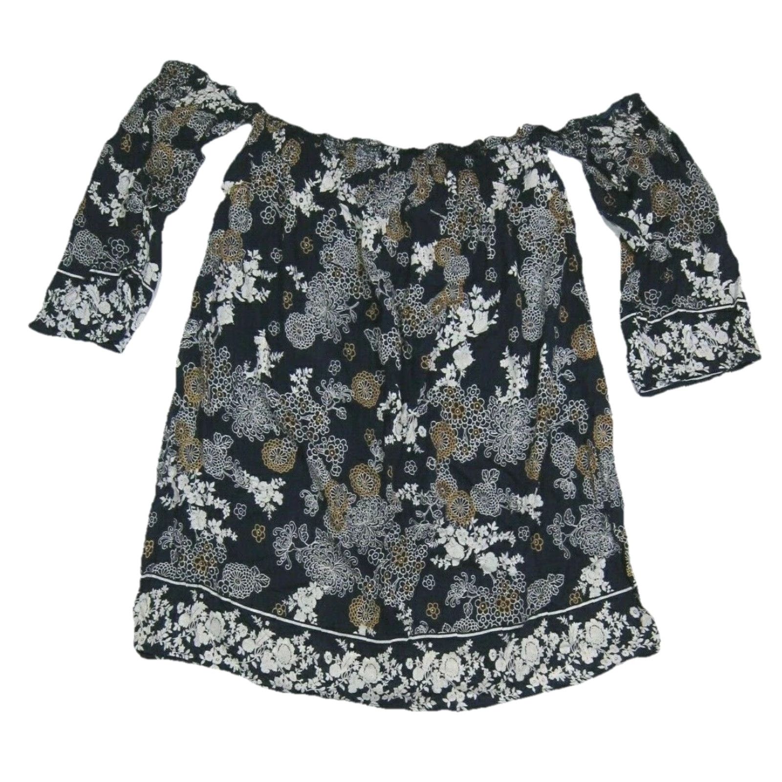 Vintage Angie Blouse Shirt Women Medium Blue Floral Off Shoulder 3/4 Sleeve 100% Rayon Tunic Casual Size M / US 6-8 / IT 42-44 - 2 Thumbnail