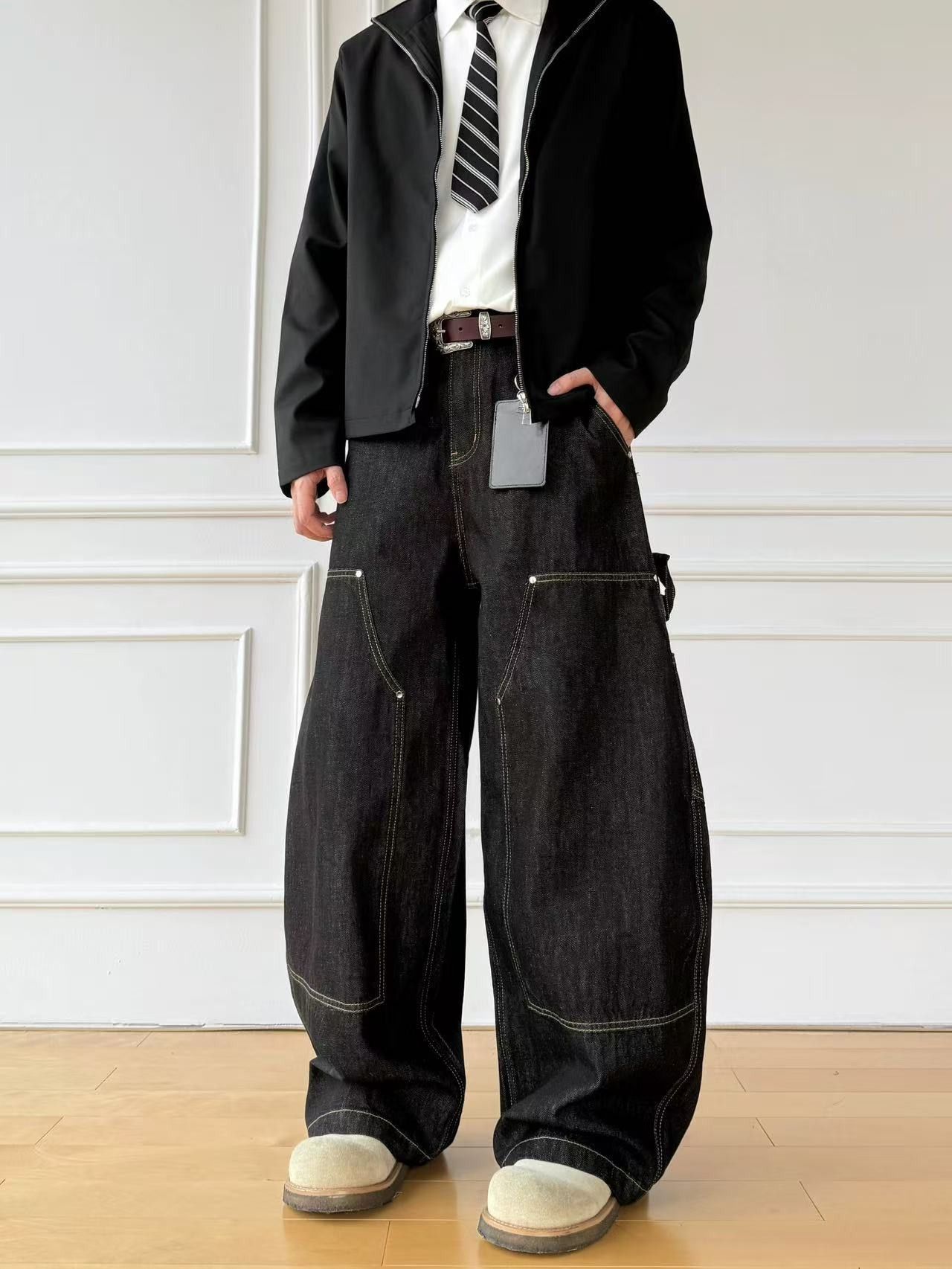 Japanese Brand Washed men's loose casual wide-leg cargo jeans with curved Size US 32 / EU 48 - 4 Thumbnail