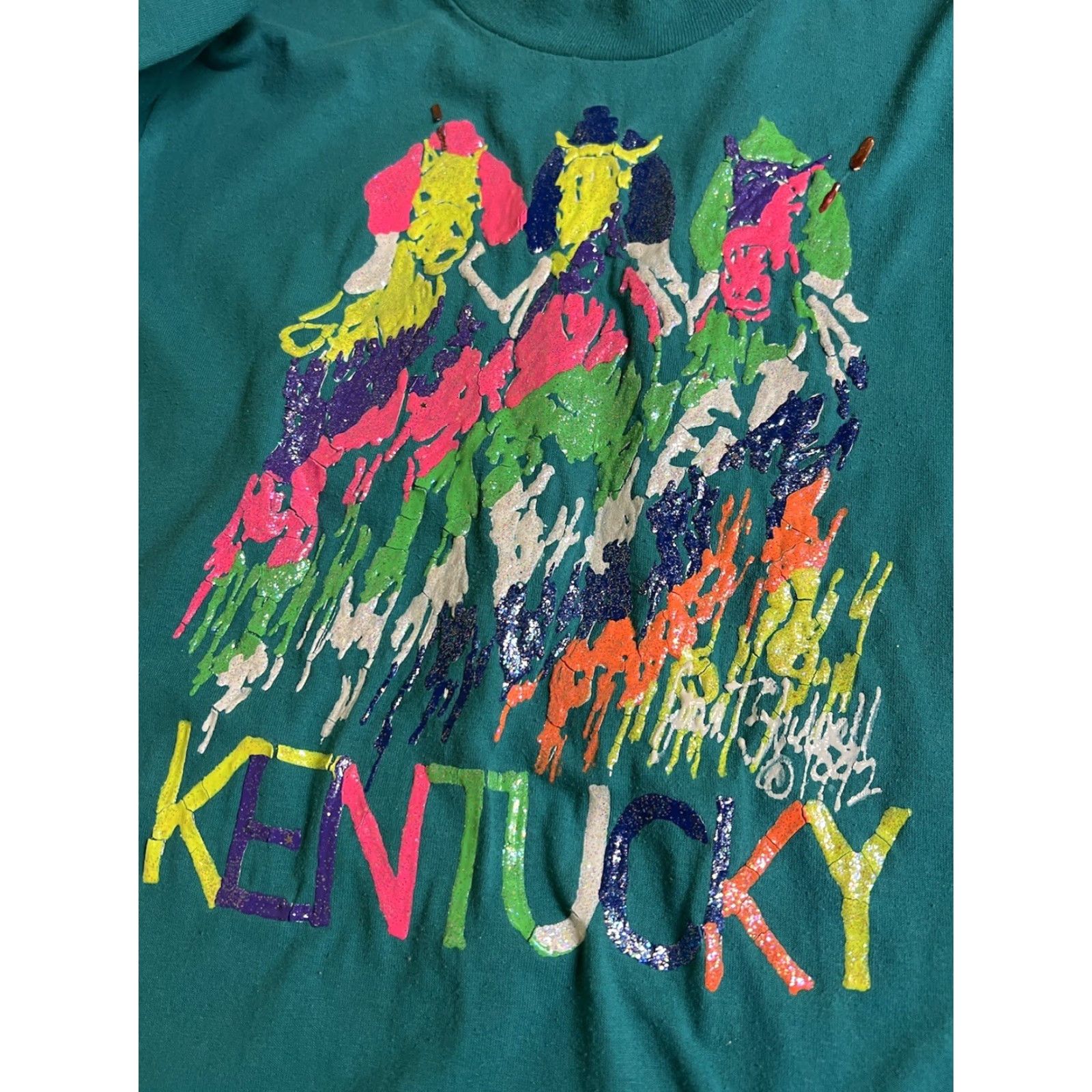 Hanes VINTAGE Hanes Kentucky 1992 Puff Paint Single Stitch T-Shirt Horse Racing Crew Neck Short Sleeve Green Cotton Blend M Men Size US M / EU 48-50 / 2 - 7 Thumbnail