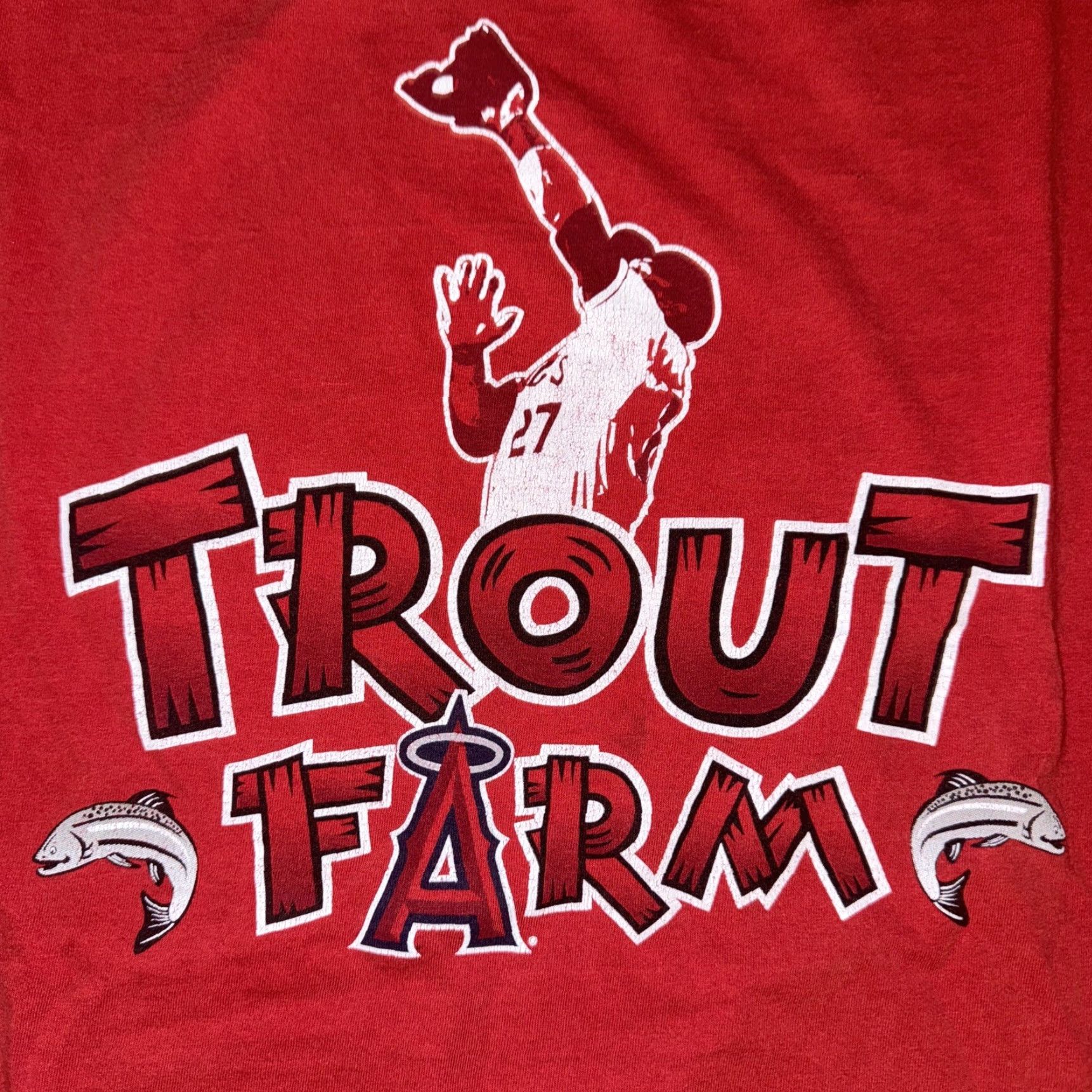 Vintage VINTAGE Mike Trout Anaheim Angels T-Shirt Red XL 21x27 Trout Farm Men XL Red Angels Shirt 80s 90s Baseball Mens Size US XL / EU 56 / 4 - 2 Thumbnail