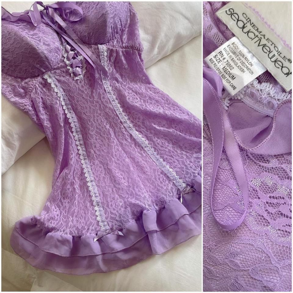 Vintage Vintage Purple Lace Sheer Mini Dress (Medium) Size M / US 6-8 / IT 42-44 - 2 Thumbnail