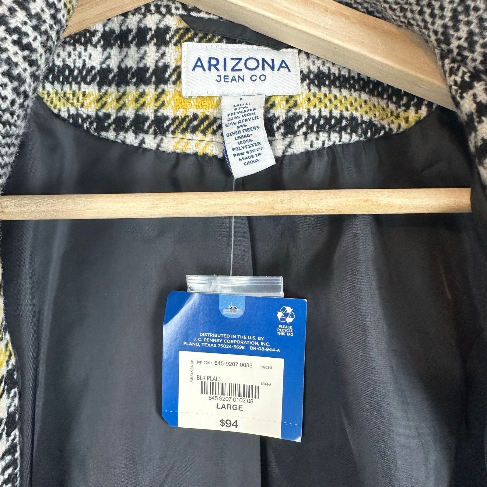 Arizona Jean Co. NWT Vintage Wool Blend Black Yellow Plaid Pea Coat L Y2K Size L / US 10 / IT 46 - 7 Thumbnail