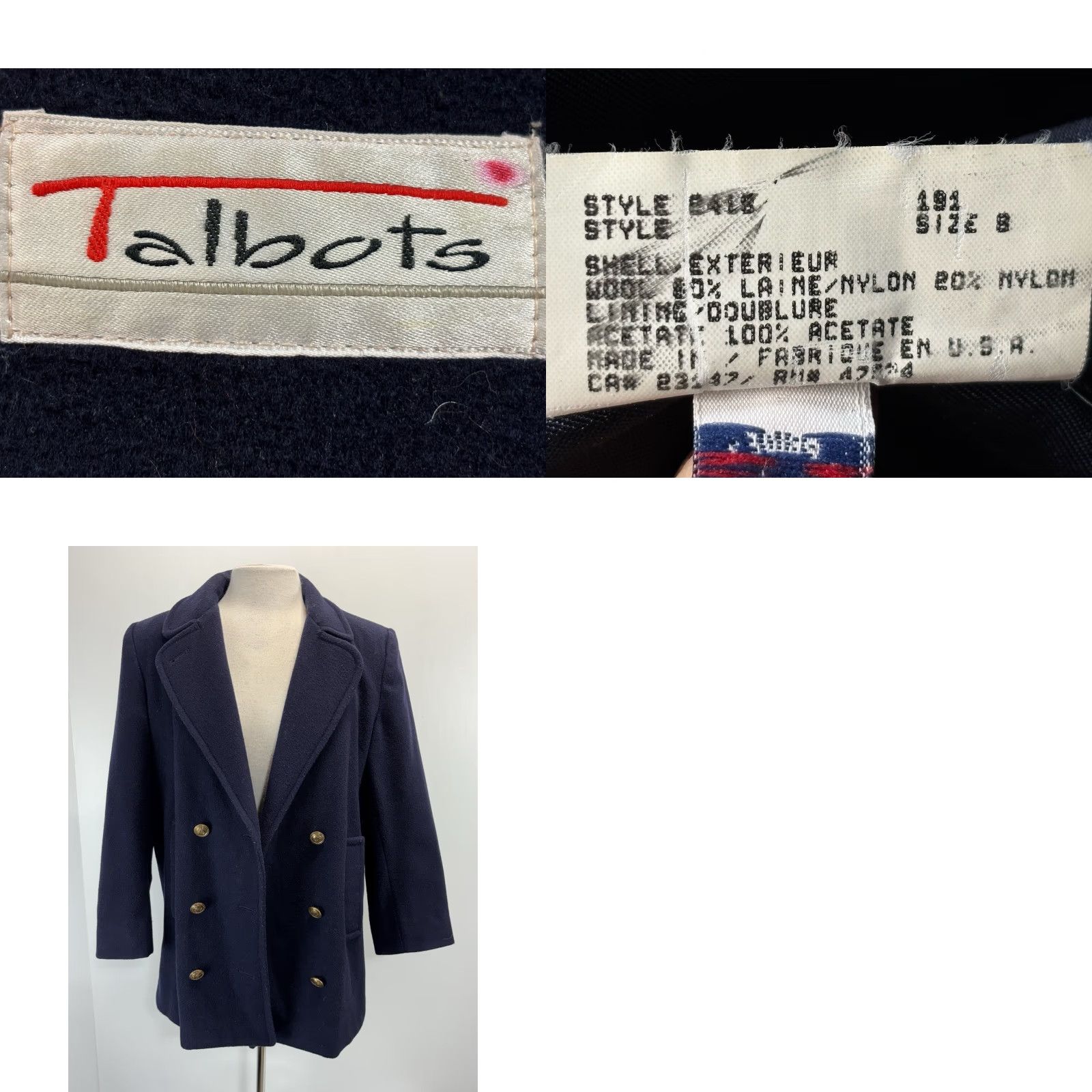 Talbots VINTAGE Talbots Wool Pea Coat Women’s 8 Navy Blue Solid Long Sleeve Buttoned Pockets Classic 90s Old Money Academia Size M / US 6-8 / IT 42-44 - 8 Thumbnail