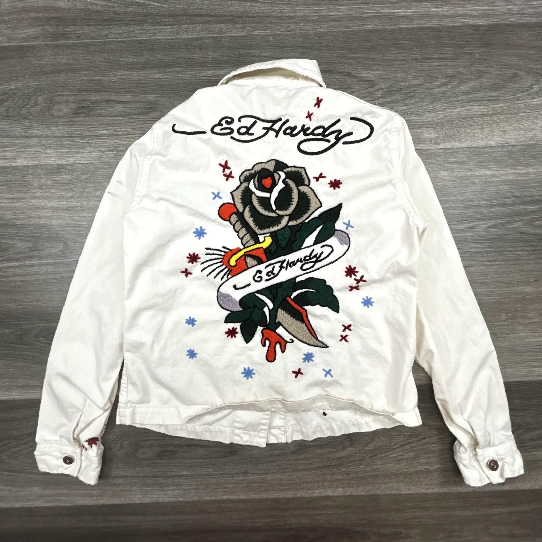Ed Hardy VINTAGE Ed Hardy Jacket Womens M White Embroidered Tattoo Rose Graphic Denim Y2K Spring Short Sleeve? Size M / US 6-8 / IT 42-44 - 2 Thumbnail