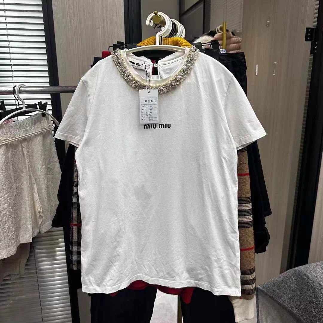 Miu Miu MIU MIU Neckline Crystal Slogan Short Sleeve Tee L 95 NEW Size L / US 10 / IT 46 - 1 Thumbnail