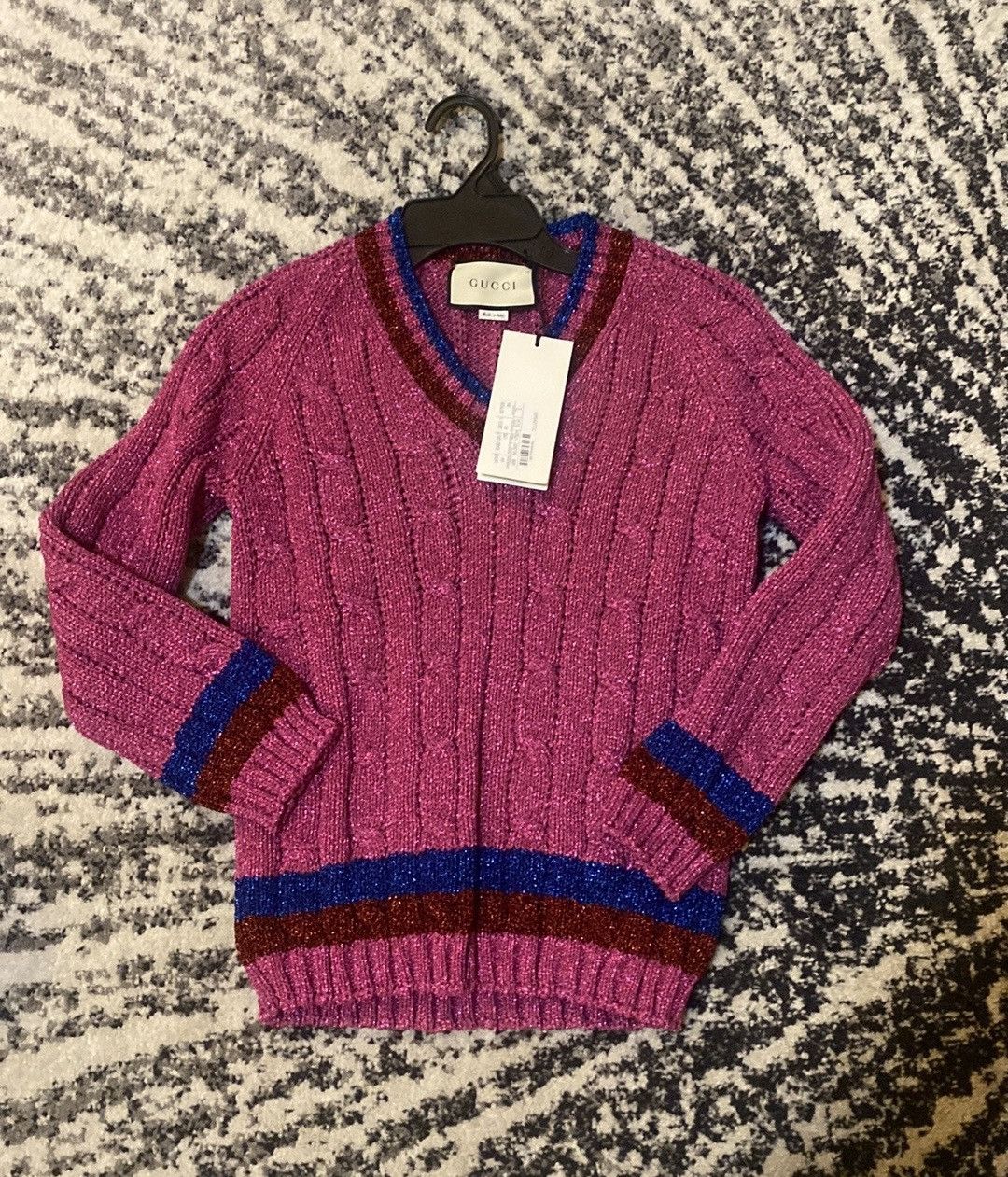 Image of Gucci Top Lame Cable & Rib Stitch Striped V-Neck Sweater in Fuchsia, Women's (Size Small)