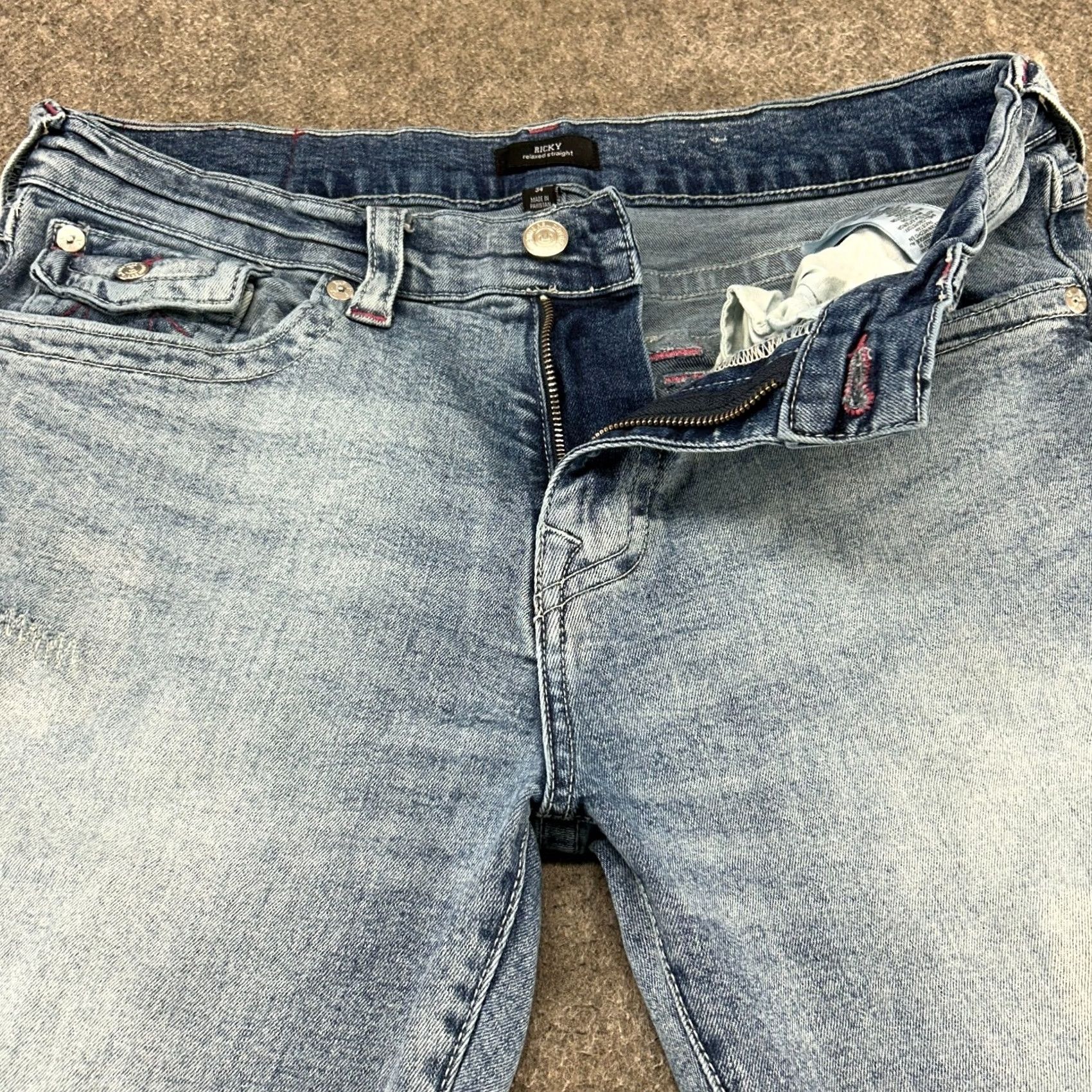 True Religion True Religion Ricky Jeans Mens 34x29 Blue Distressed Relaxed Straight Denim 5-Pocket Design Size US 34 / EU 50 - 2 Thumbnail