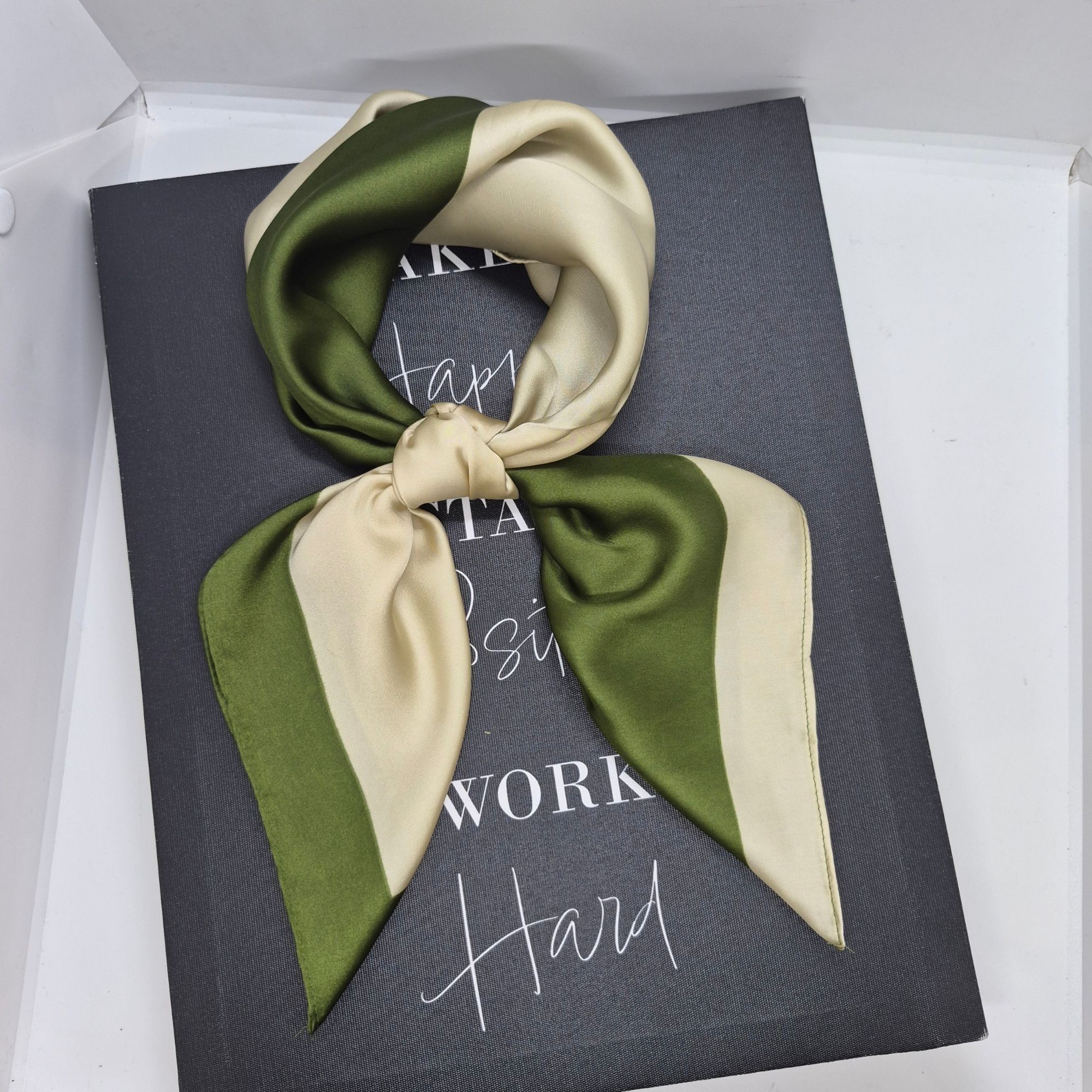Other New Elegant Bandana Square Scarf GREEN Soft Beige Wrap Silky Size ONE SIZE - 3 Thumbnail