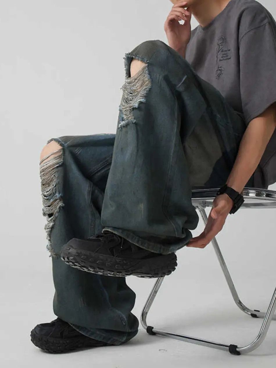 Japanese Brand Retro straight leg distressed jeans Size US 32 / EU 48 - 4 Thumbnail