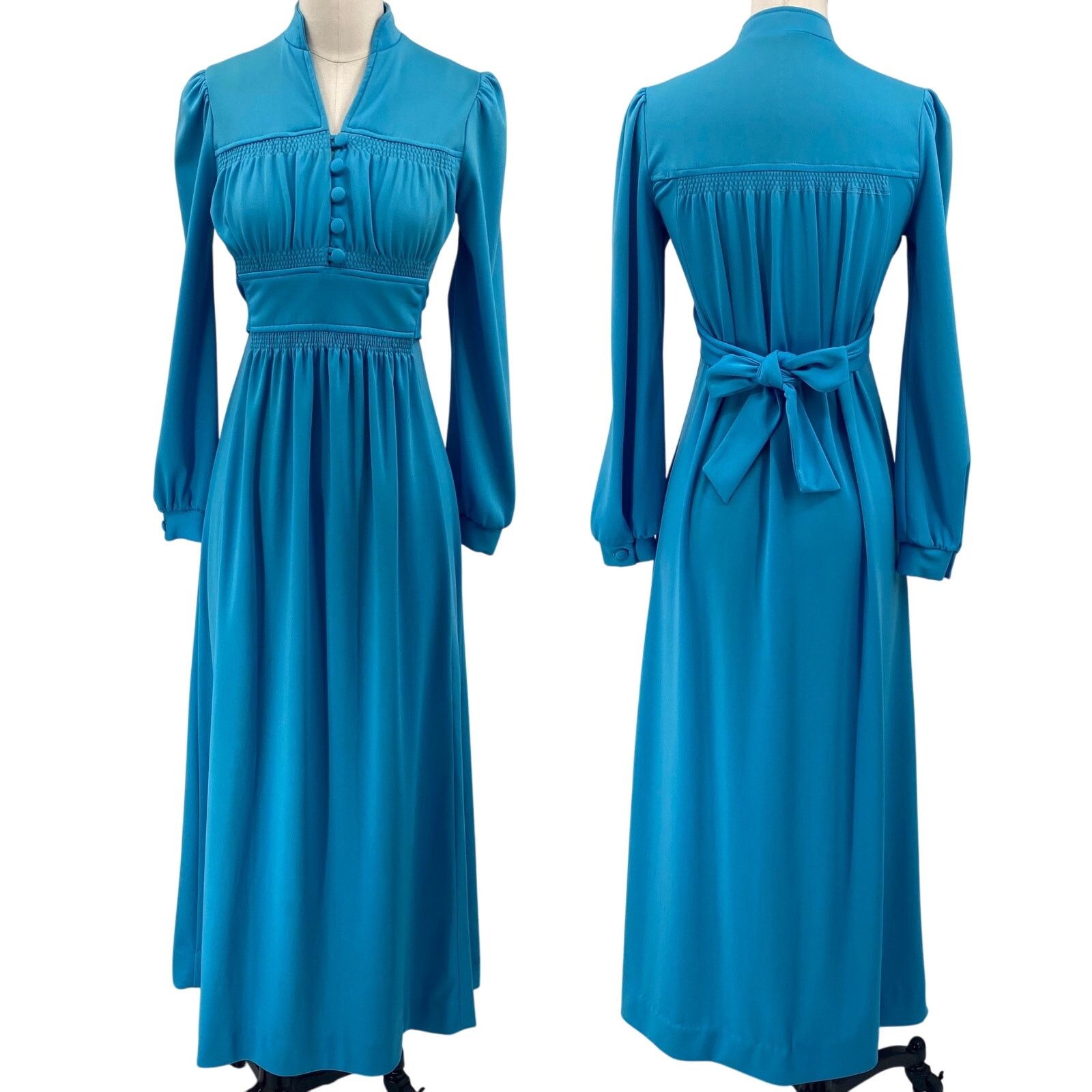 Vintage Vintage 70s Maxi Shirt Dress Long Bishop Sleeve Belted Blue Size XS / US 0-2 / IT 36-38 - 1 Thumbnail