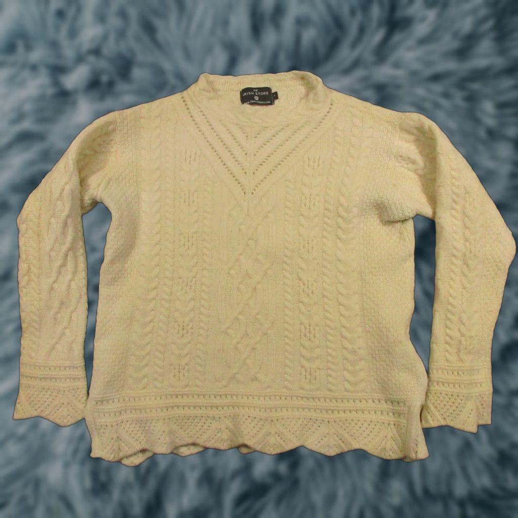 Off-White The Irish Store Sweater Women Large Off-White Cable Knit Scallop Hem Merino Wool Crew Neck Long Sleeve Pullover Hand Wash Only Size L / US 10 / IT 46 - 1 Thumbnail