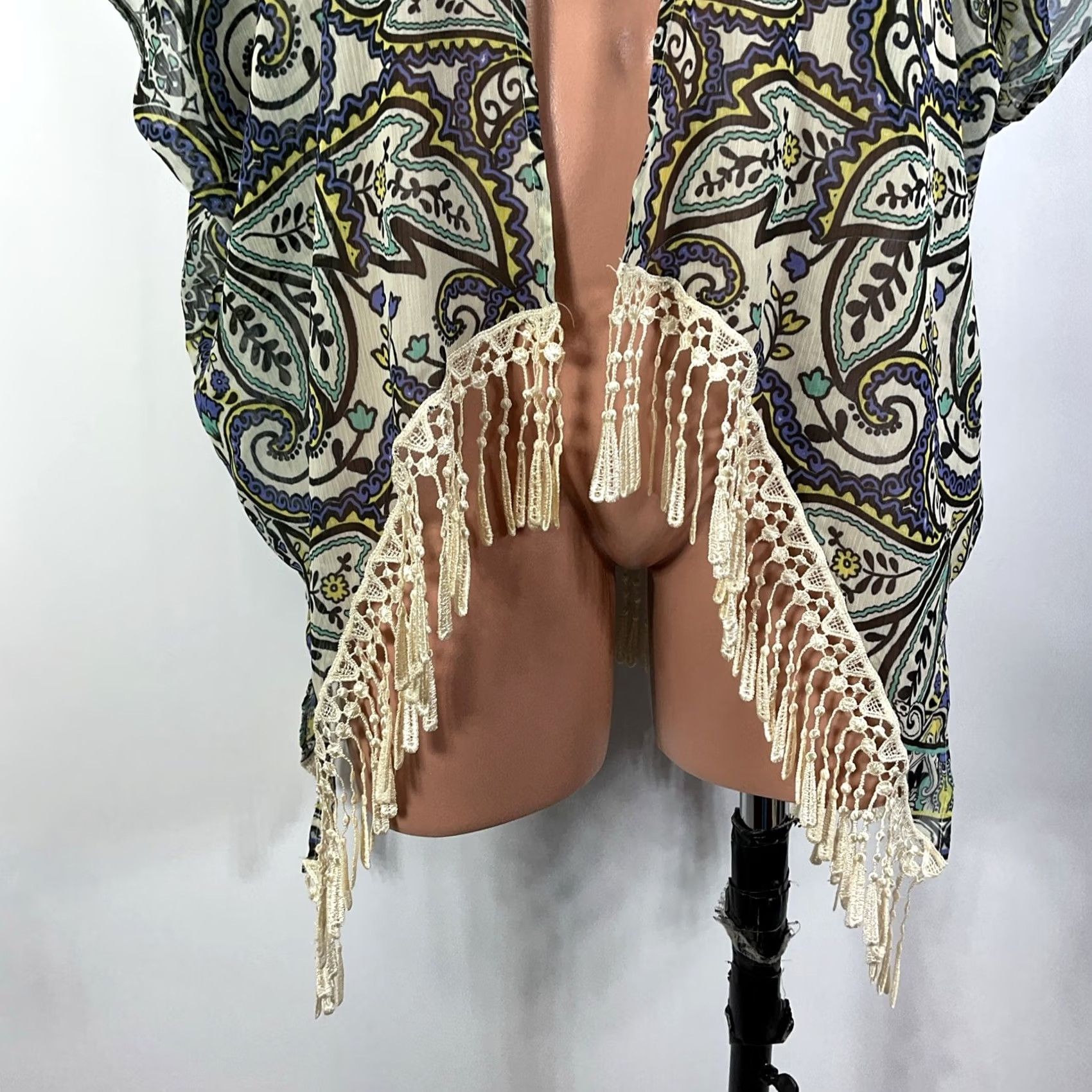 Vintage VINTAGE BECCA fringe trim swim cover up kaftan blue Paisley Floral XS Women Cover Up Fringe XS Blue Paisley Floral Size ONE SIZE - 3 Thumbnail