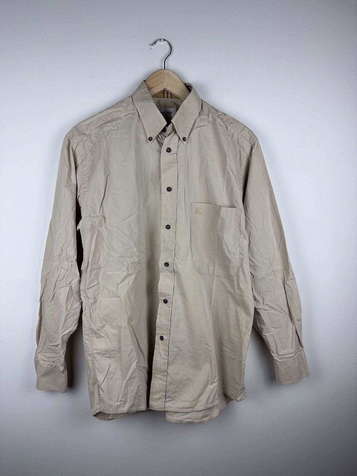 image of Vintage Burberrys Made In England Logo Embroidery Shirt in Beige, Men's (Size Large)