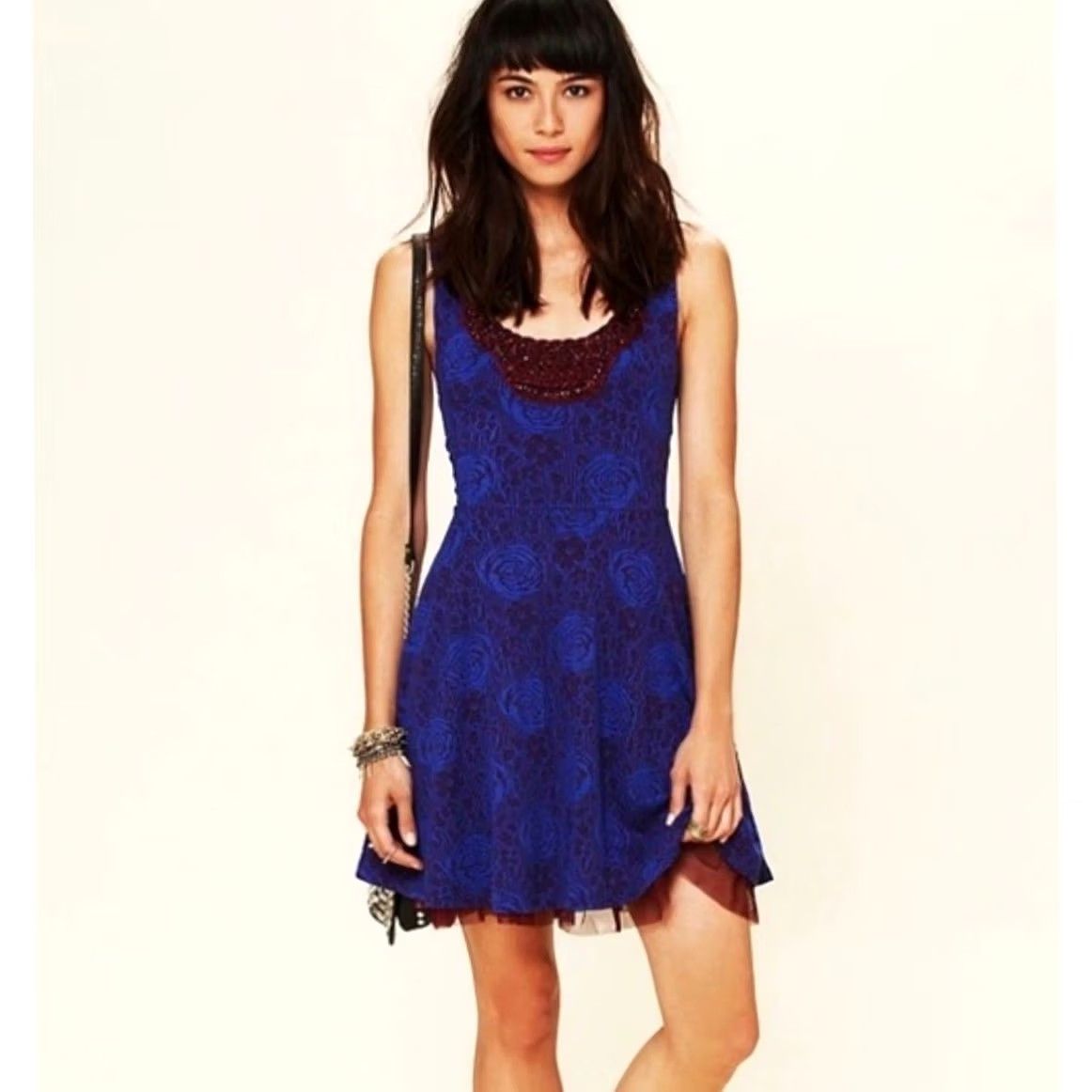Free People Free People Skater Dress Blue Floral Sleeveless Beaded Neck Sz M Womens Dress Short Princess 90s Rock? Size M / US 6-8 / IT 42-44 - 5 Thumbnail