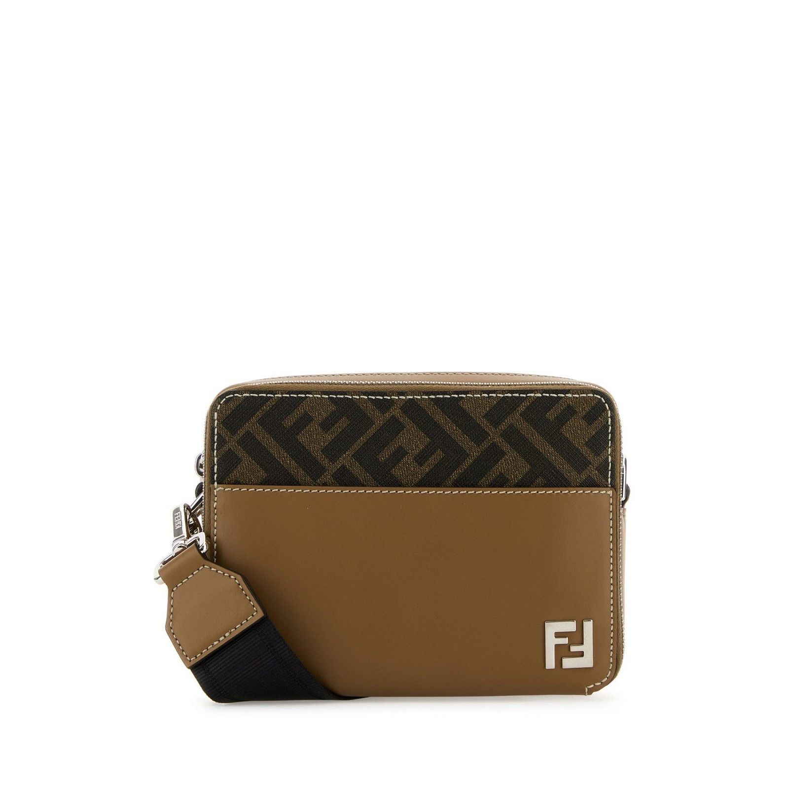 FENDI Camera Embroidered Brown Canvas Shoulder Bag New And A