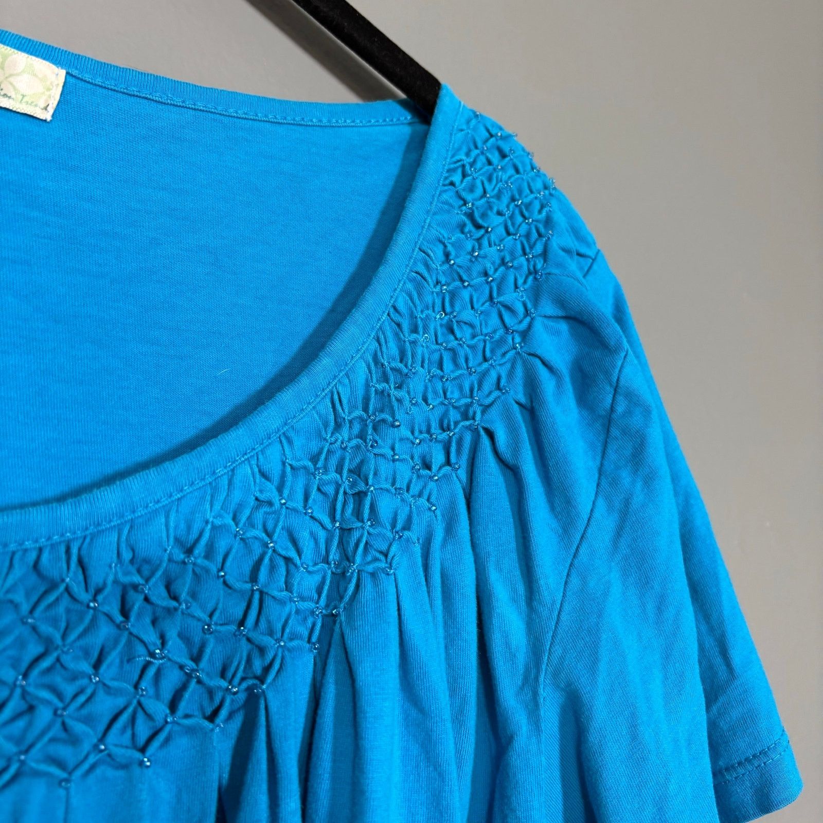 Other Stephanie Rogers Blue Y2K Boho Smocked Beaded Neck Top Size XXL / US 16-18 / IT 52-54 - 2 Thumbnail