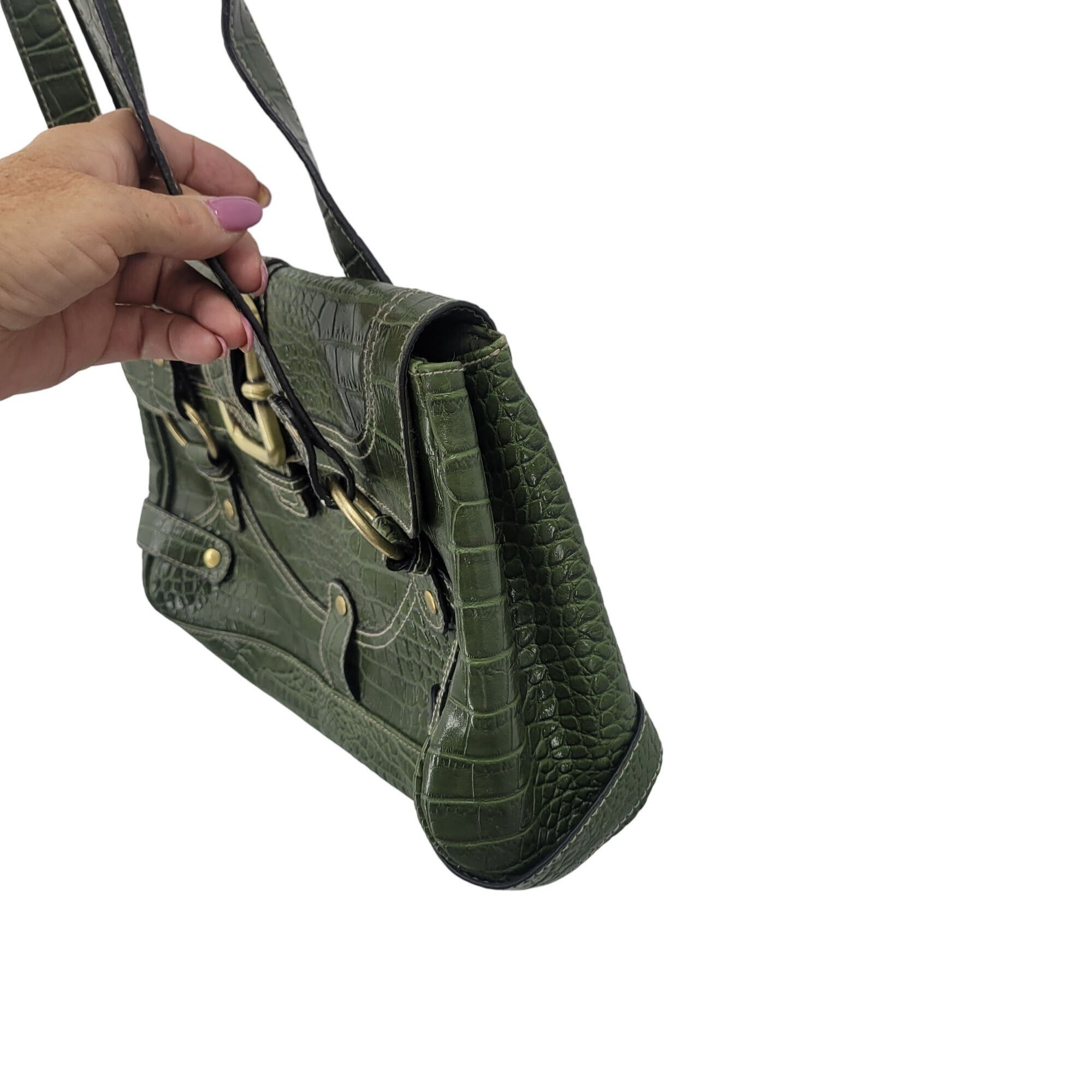Vintage Vintage Green Vegan Faux Croc Shoulder Bag Satchel Gold Buck Size ONE SIZE - 9 Thumbnail