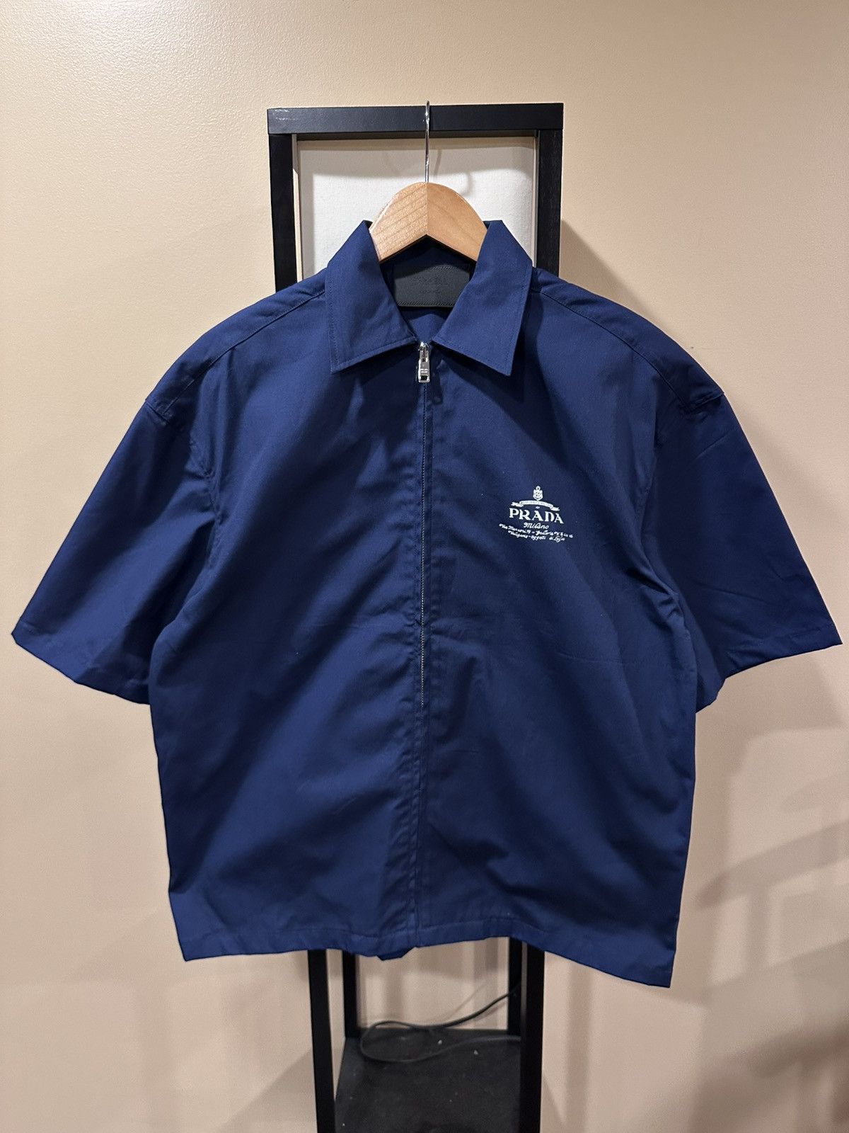 Prada 2025 Poplin Archive Logo Zip Navy Blue Technical Shirt